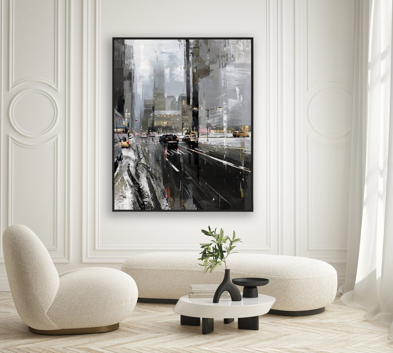 a painting of a cityscape in a living room