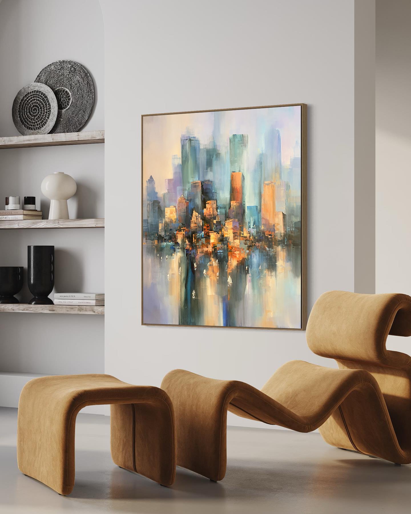 a painting hanging on a wall in a living room