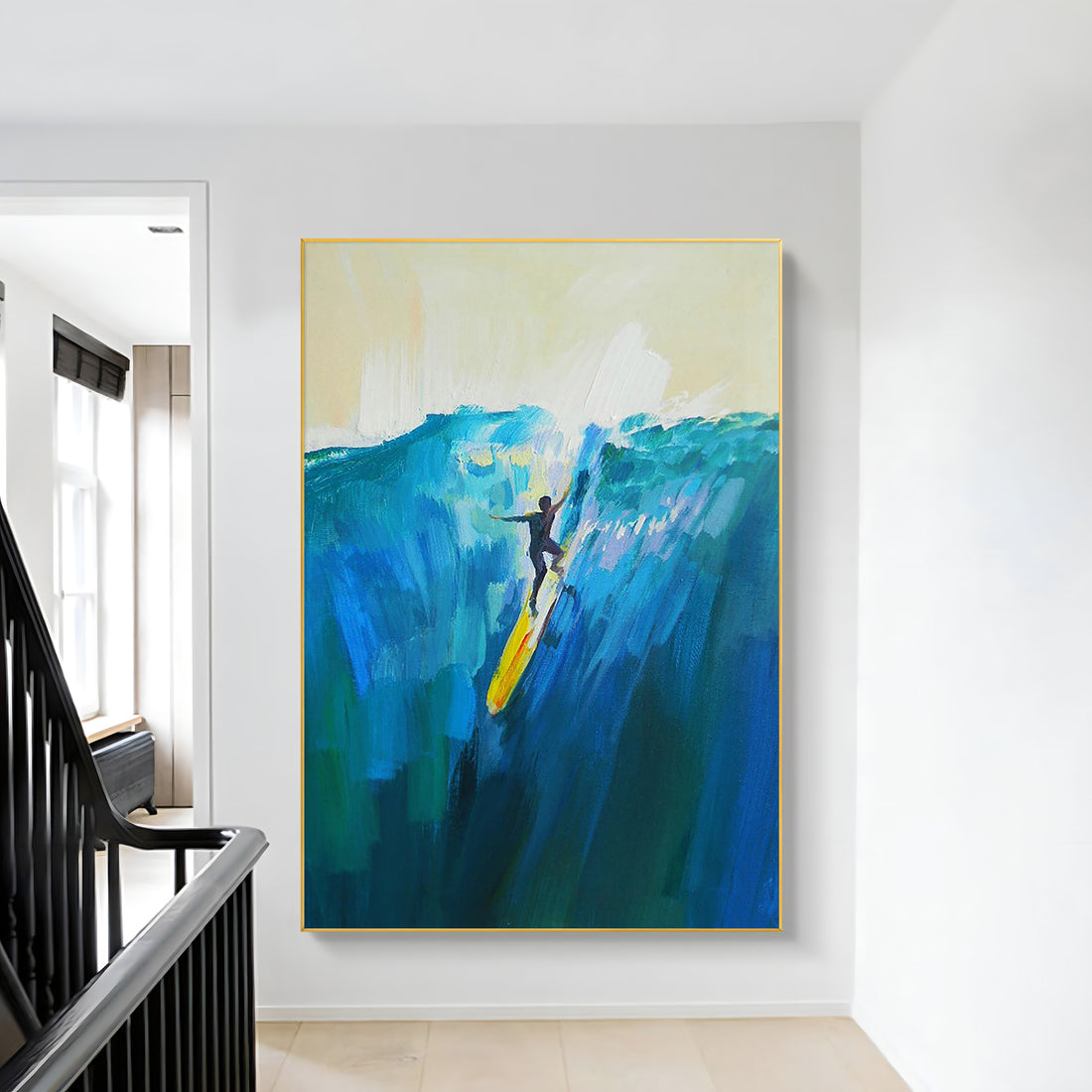 a painting of a man surfing on a yellow surfboard