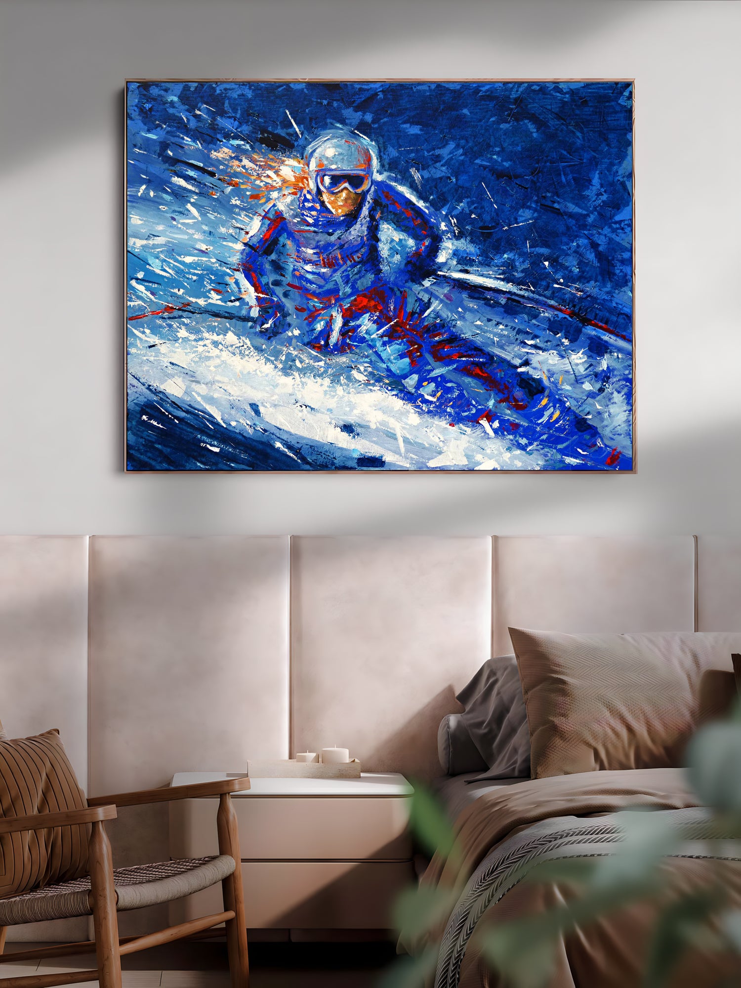 a painting of a man on a surfboard in a bedroom