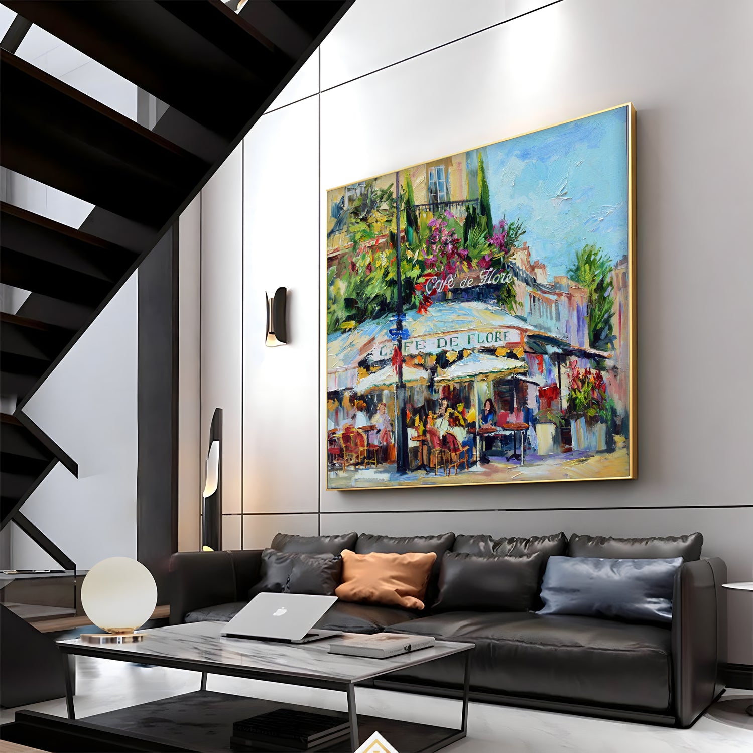 a living room with a couch and a painting on the wall