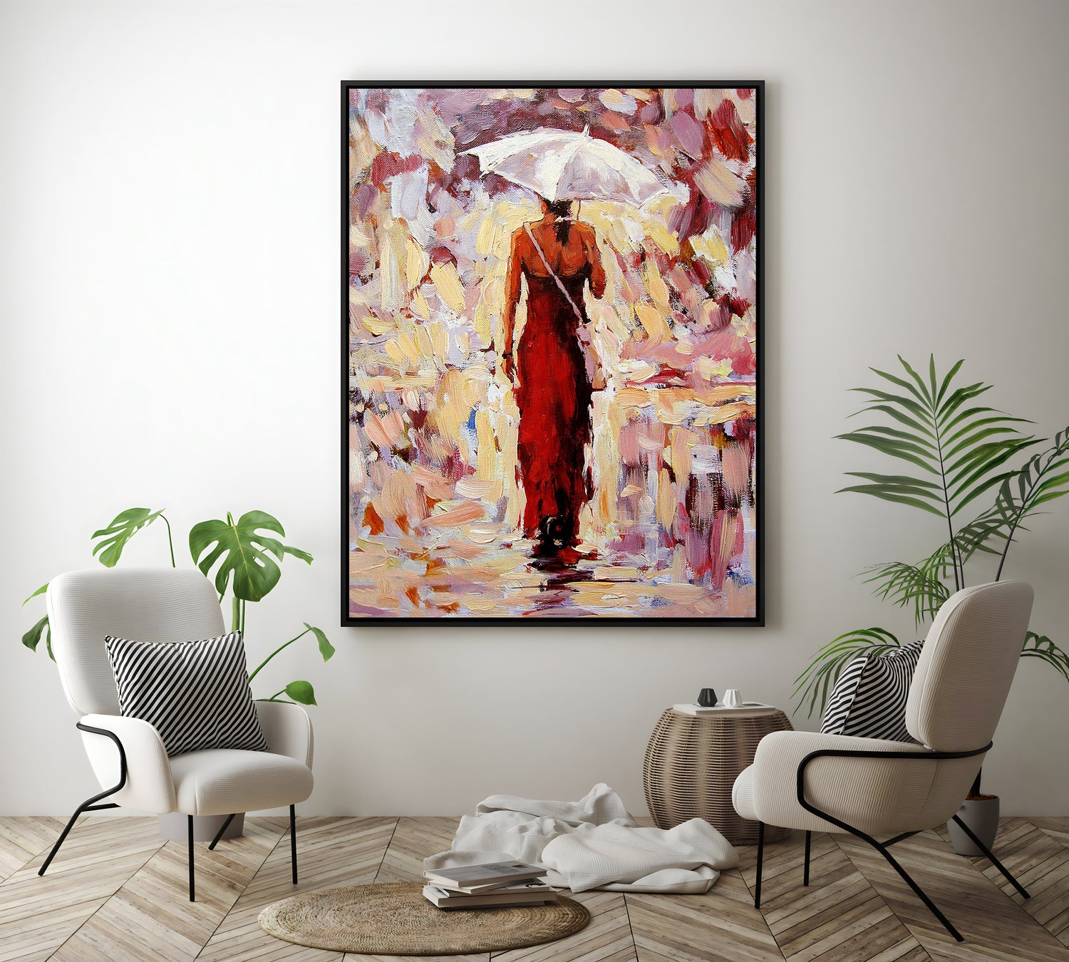 a painting of a woman walking in the rain with an umbrella