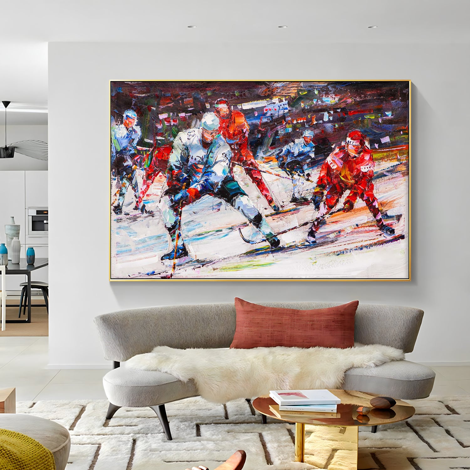 a painting of a hockey game in progress