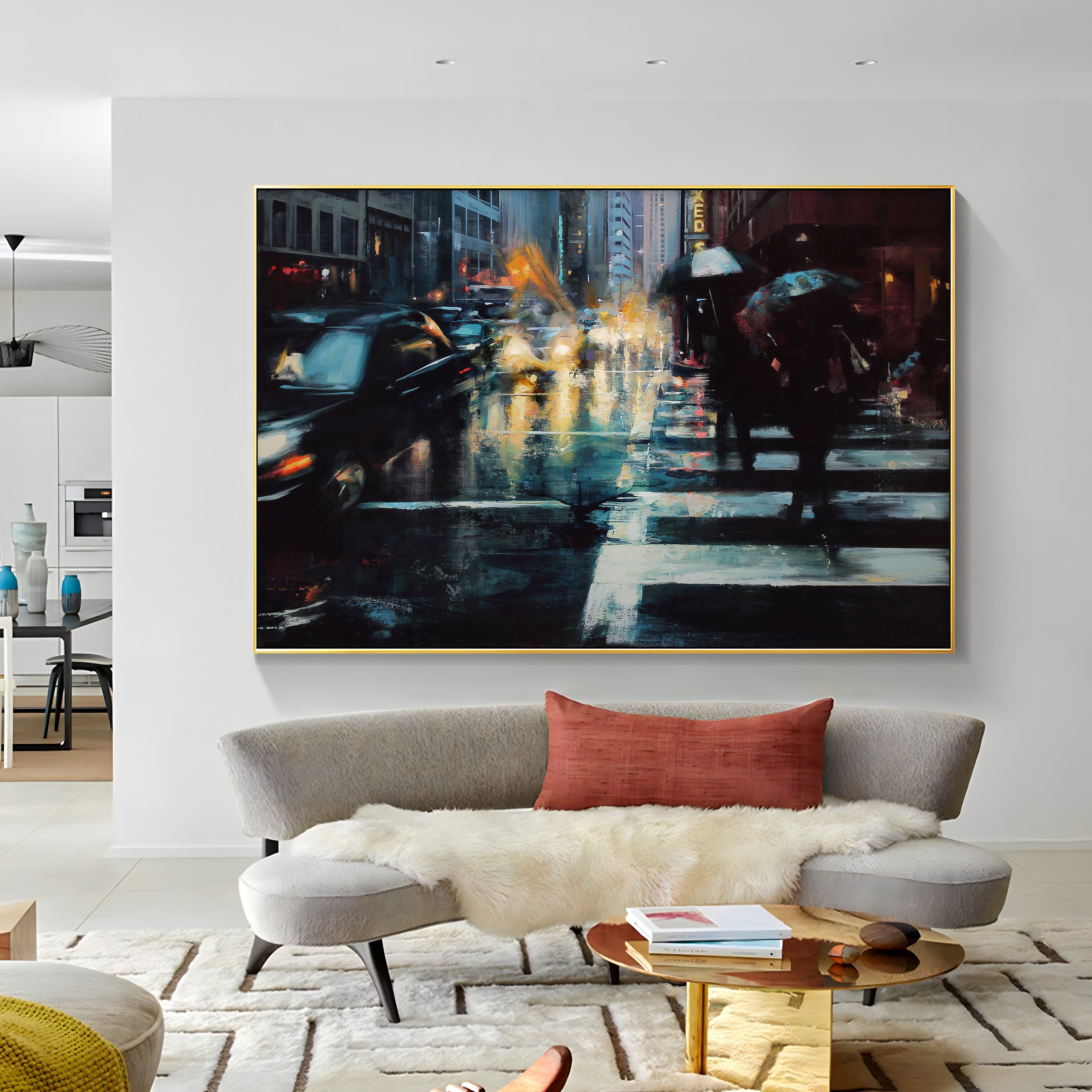 a painting hanging on the wall of a room