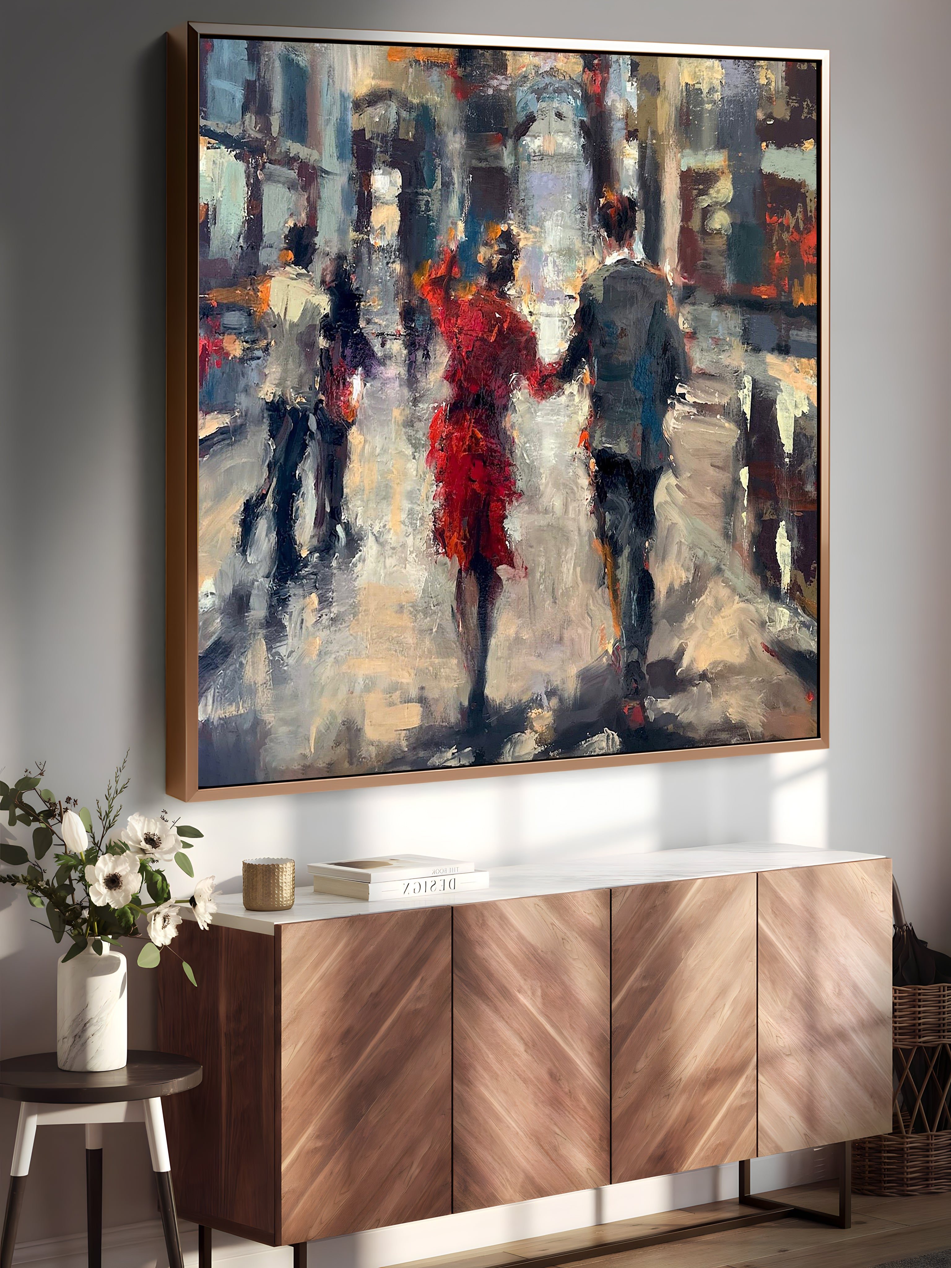 a painting of people walking down a street