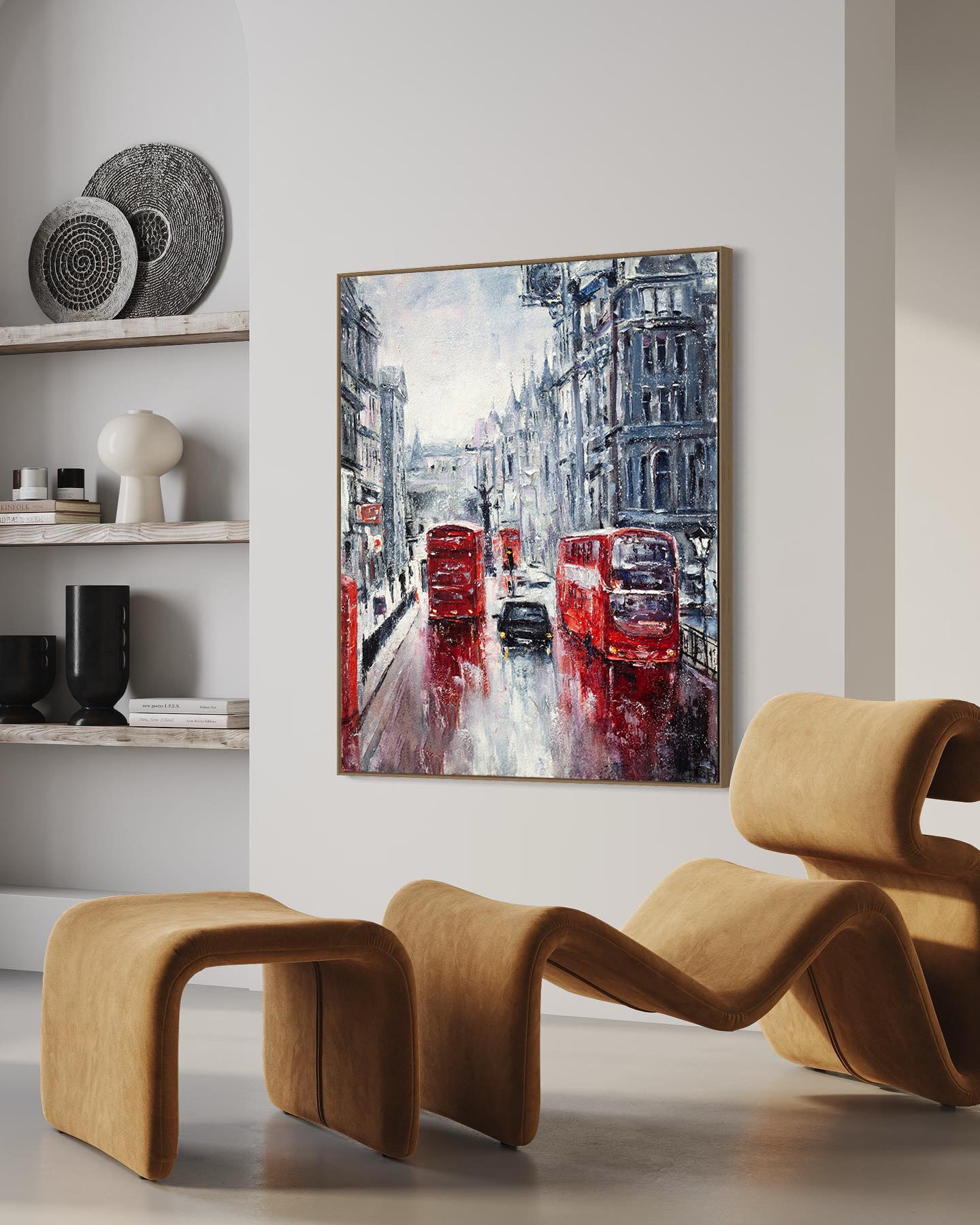 a painting of a city street with red double decker buses