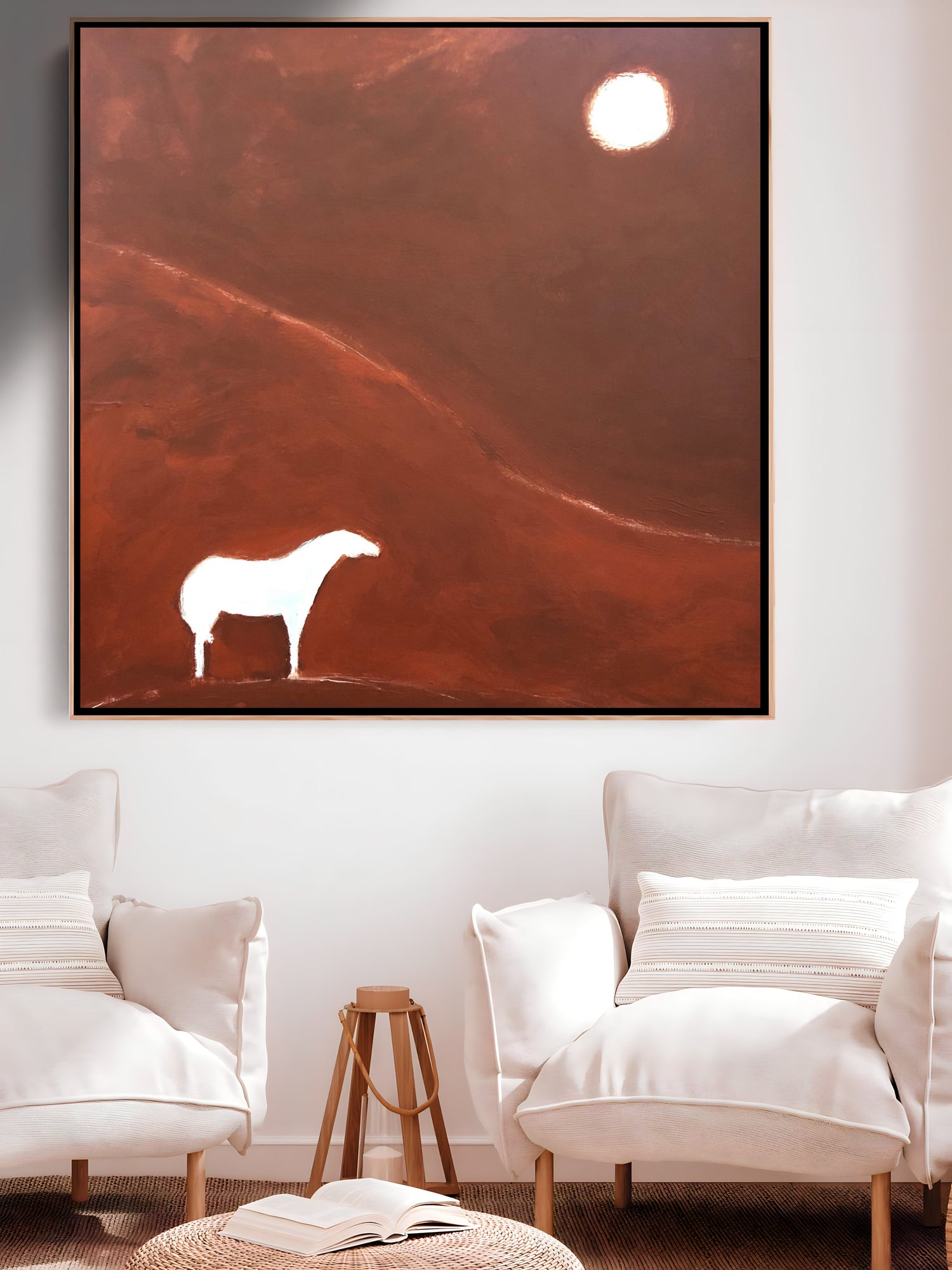 a painting of a white horse on a red background