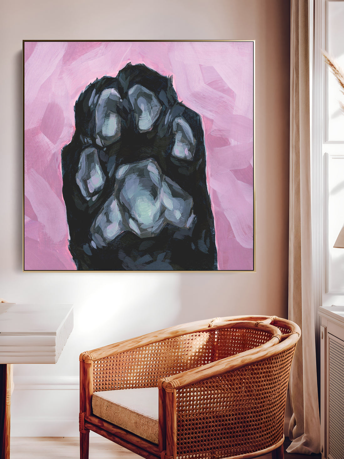 a painting of a dog paw on a pink background