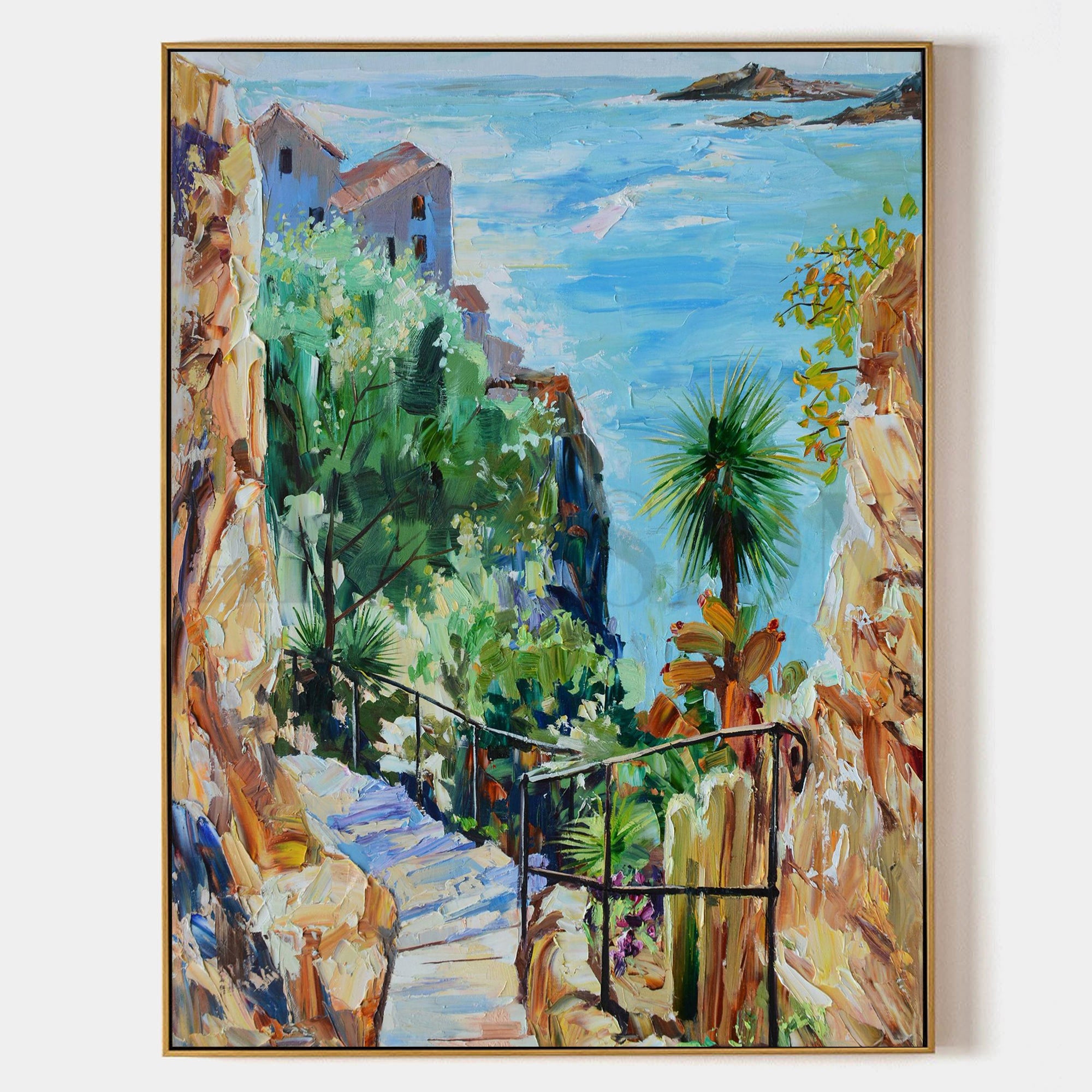 a painting of a stairway leading to a beach