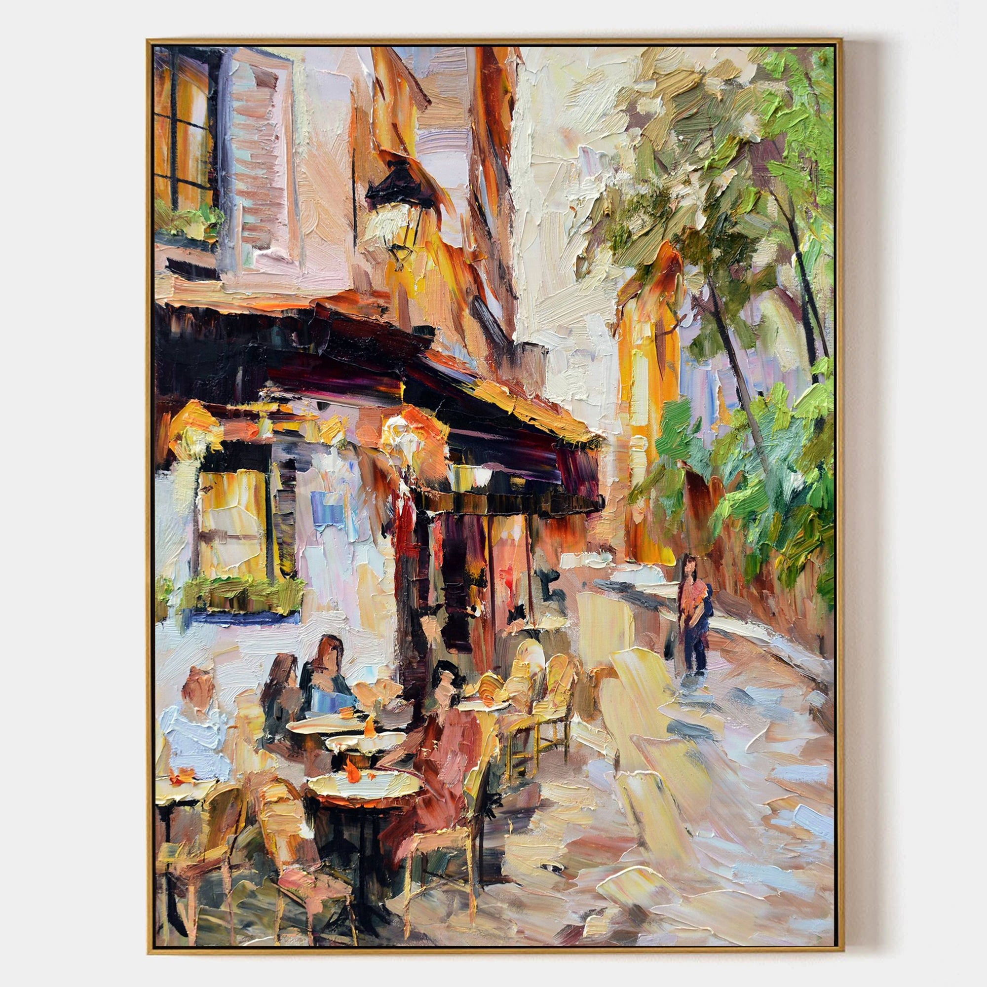 a painting of people sitting at a table outside a restaurant