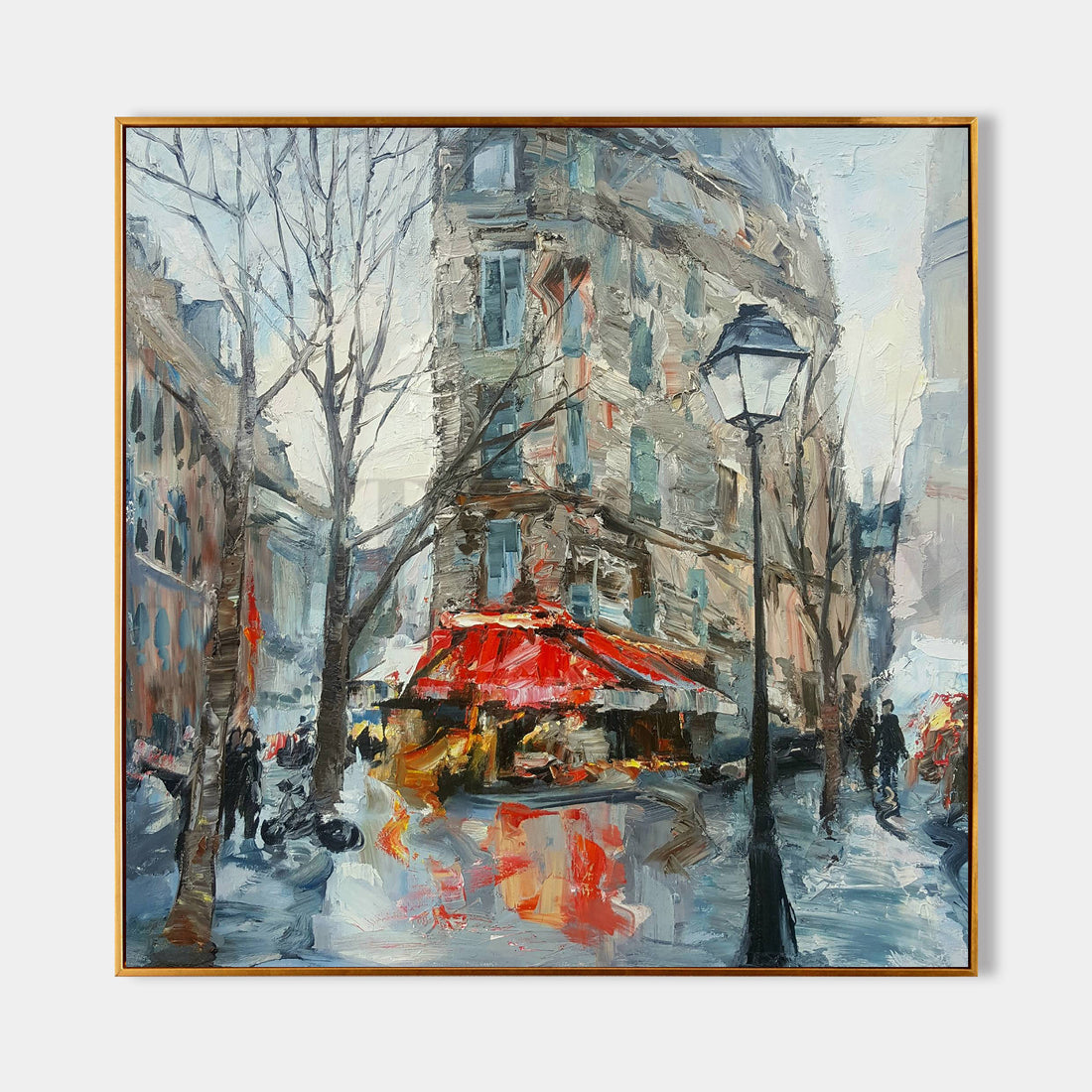 a painting of a city street with a red umbrella