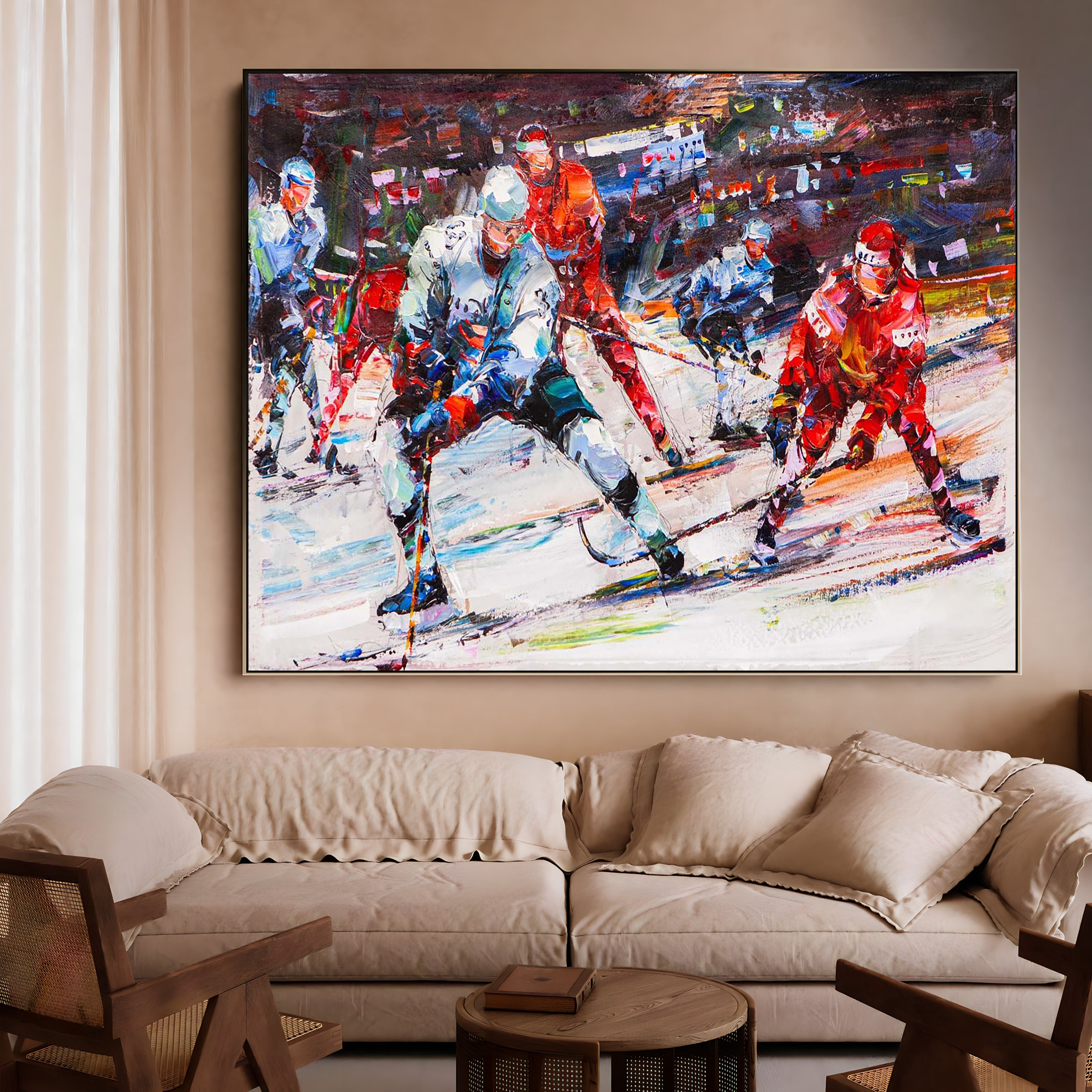 a painting of a hockey game in progress