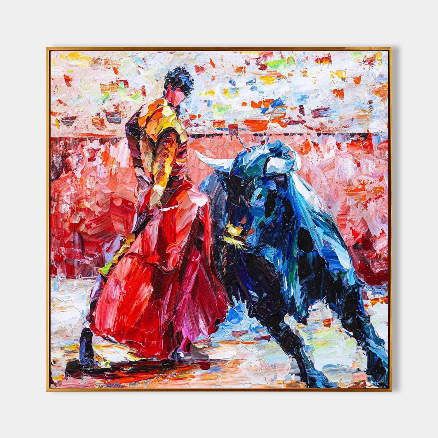 a painting of a bull and a woman in a red dress