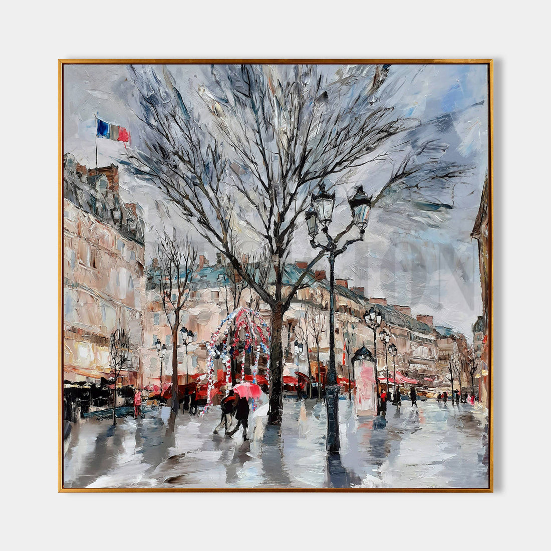 a painting of people walking in the rain