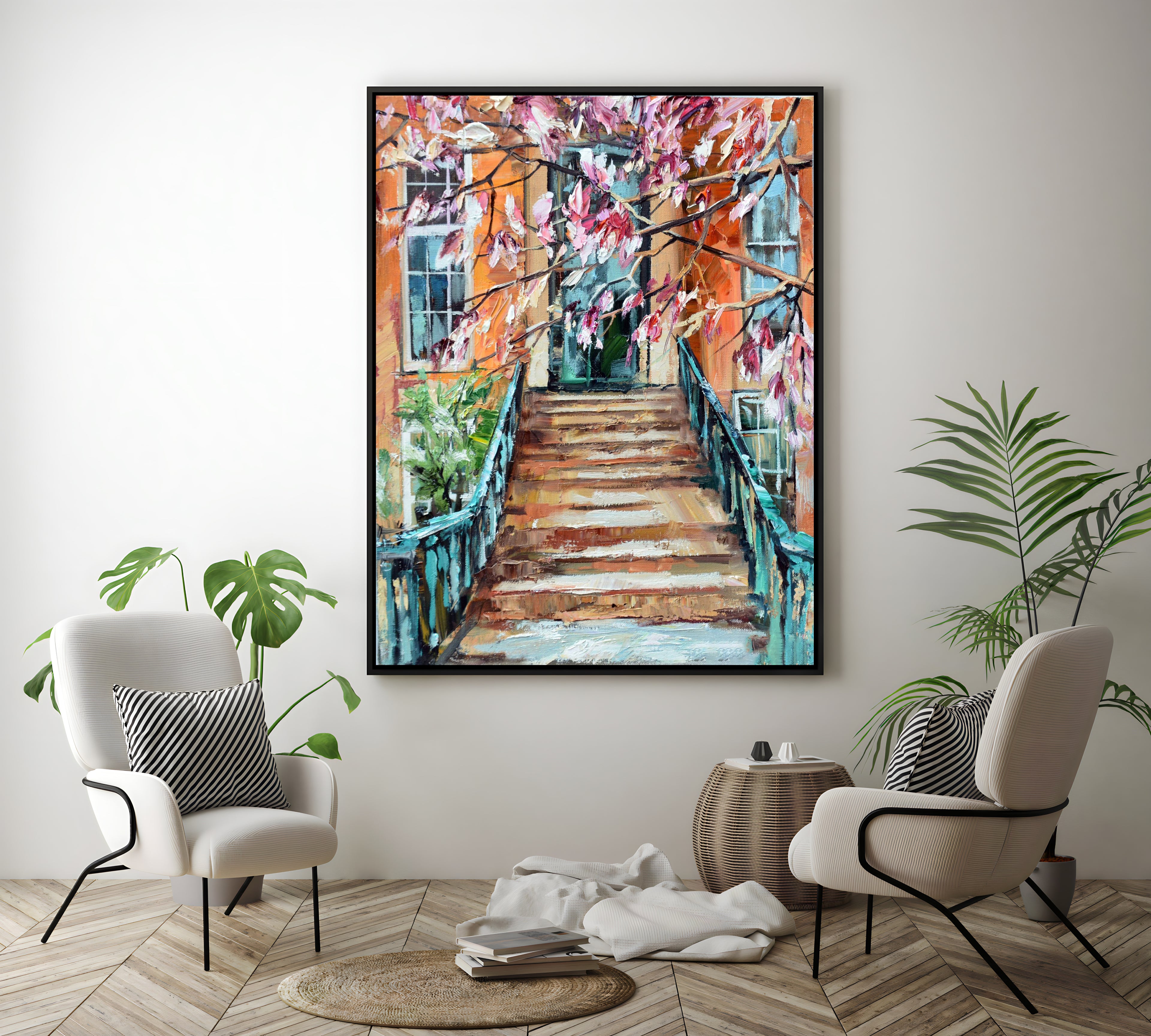 a painting of a stairway leading to a building