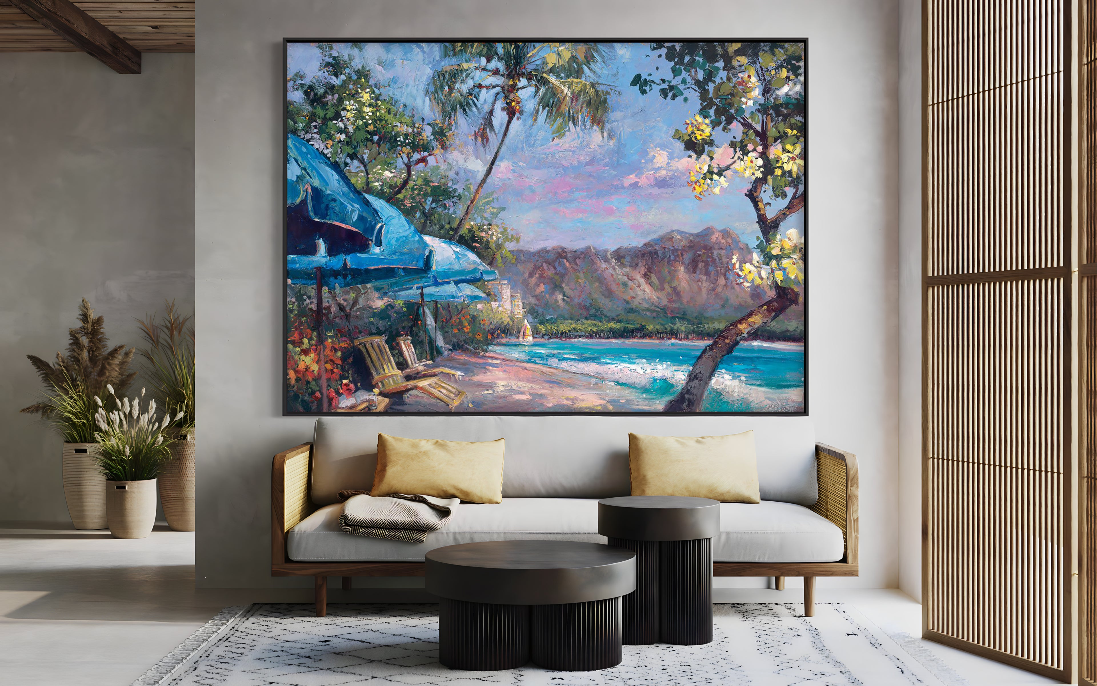 a living room with a painting on the wall