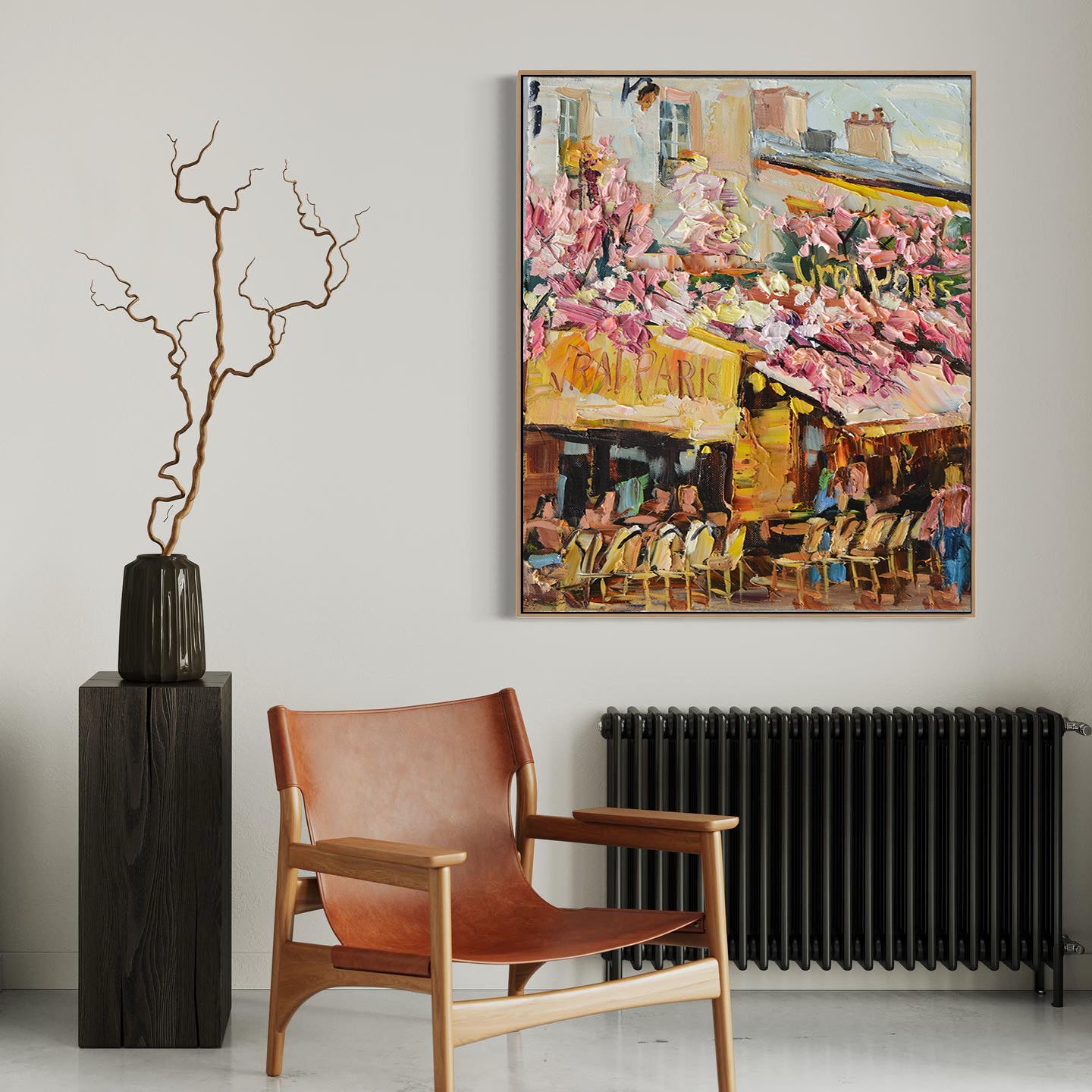 a chair and a vase in a room