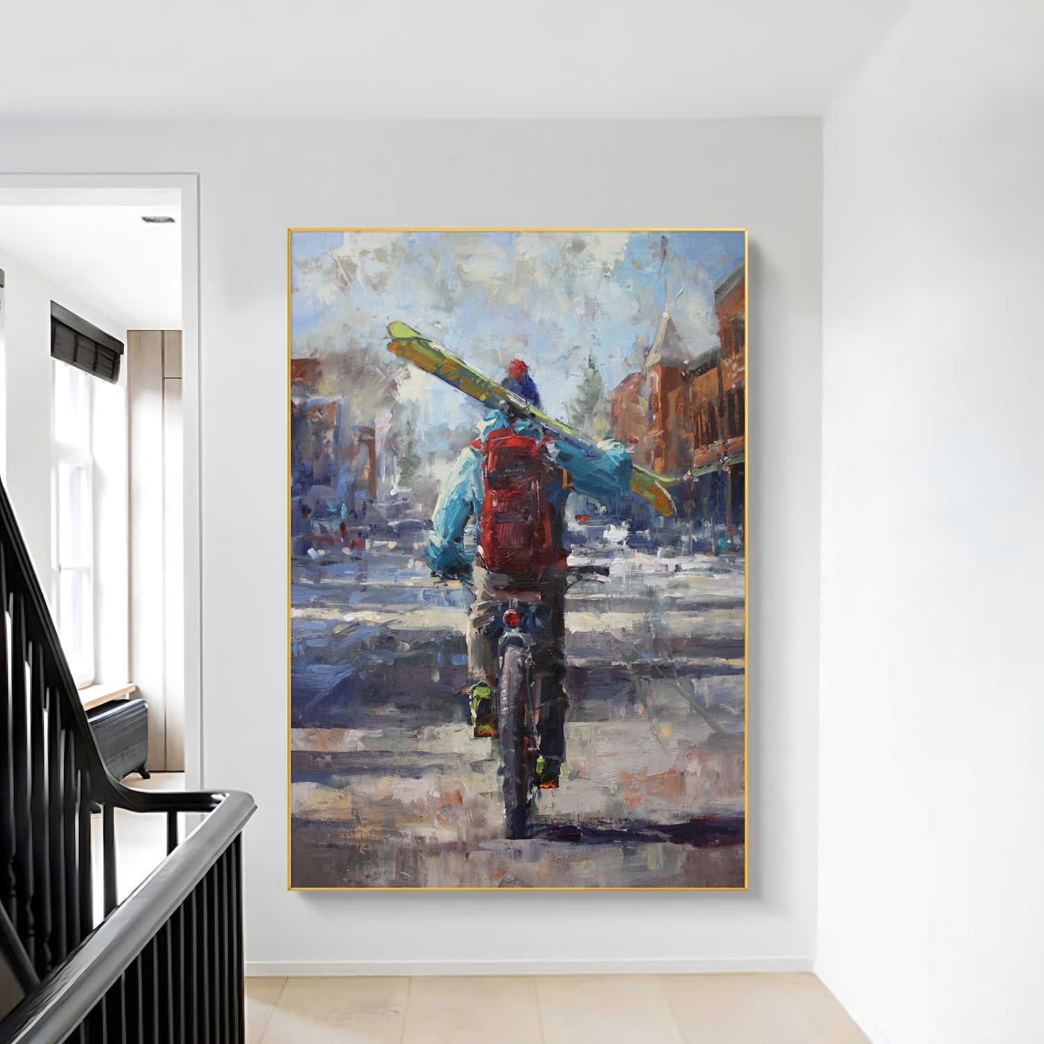 a painting of a man riding a bike down a street