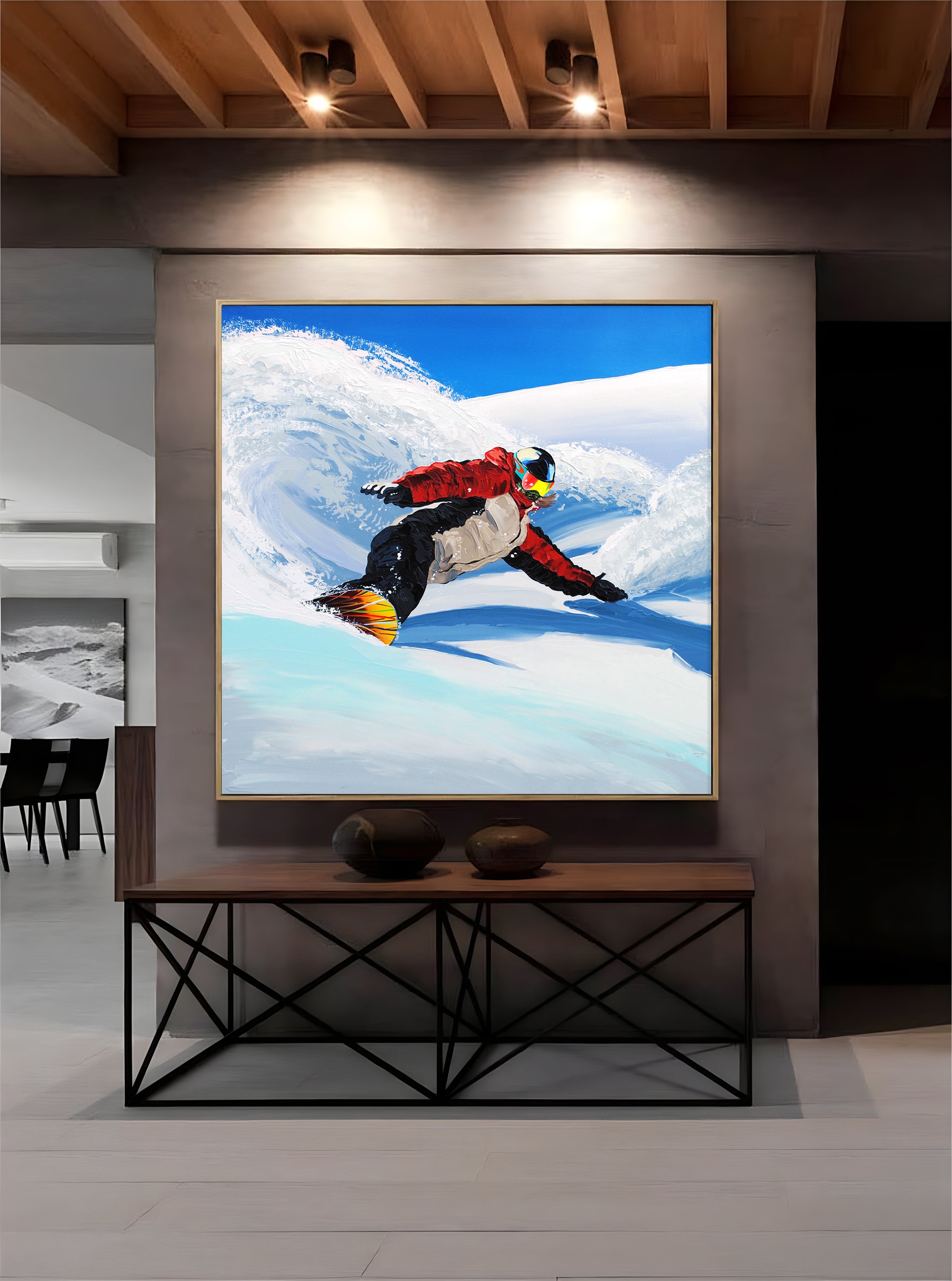 a painting of a person on a snowboard in the snow