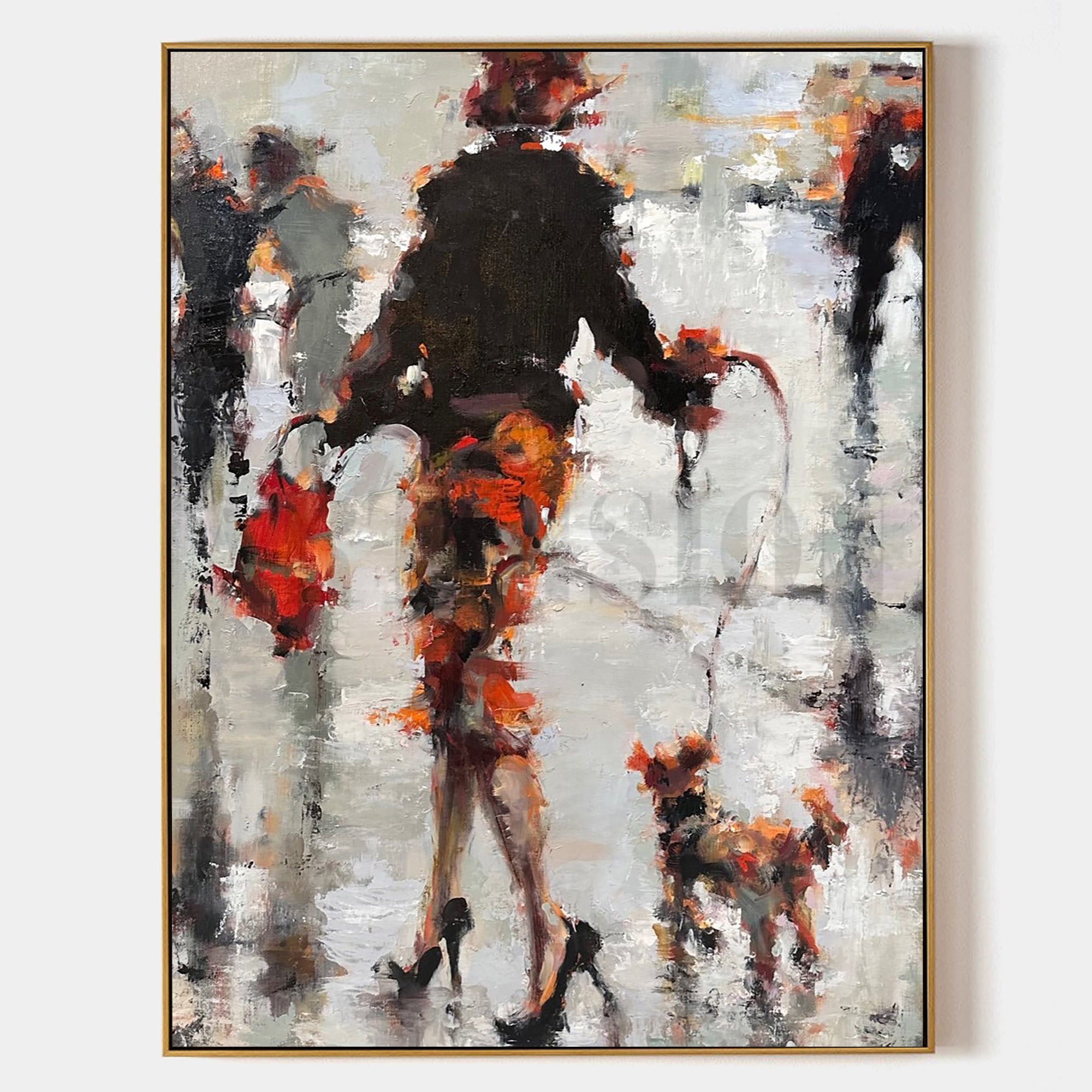 a painting of a woman walking down a street