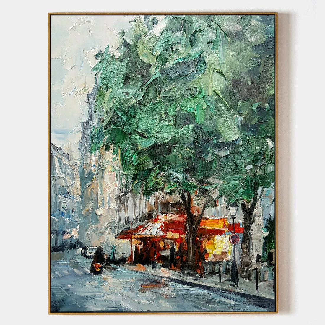 a painting of a city street with a tree