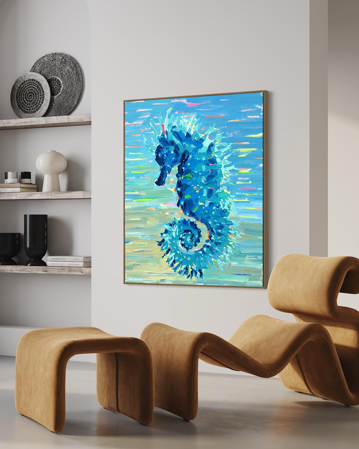 a painting of a sea horse on a wall