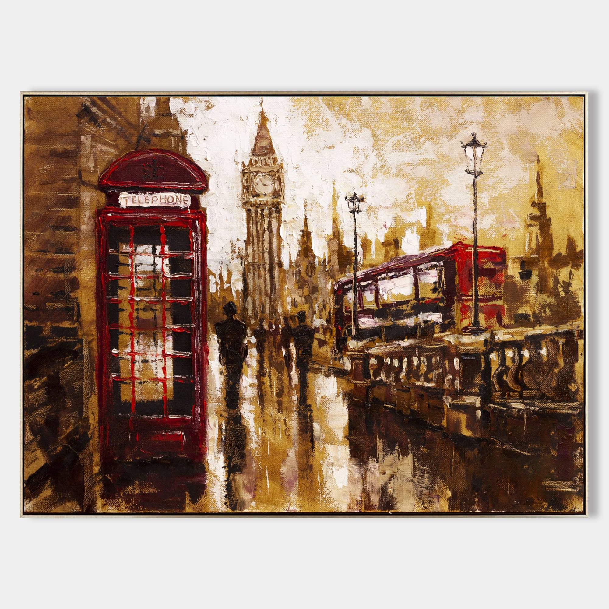 a painting of a red phone booth and a clock tower