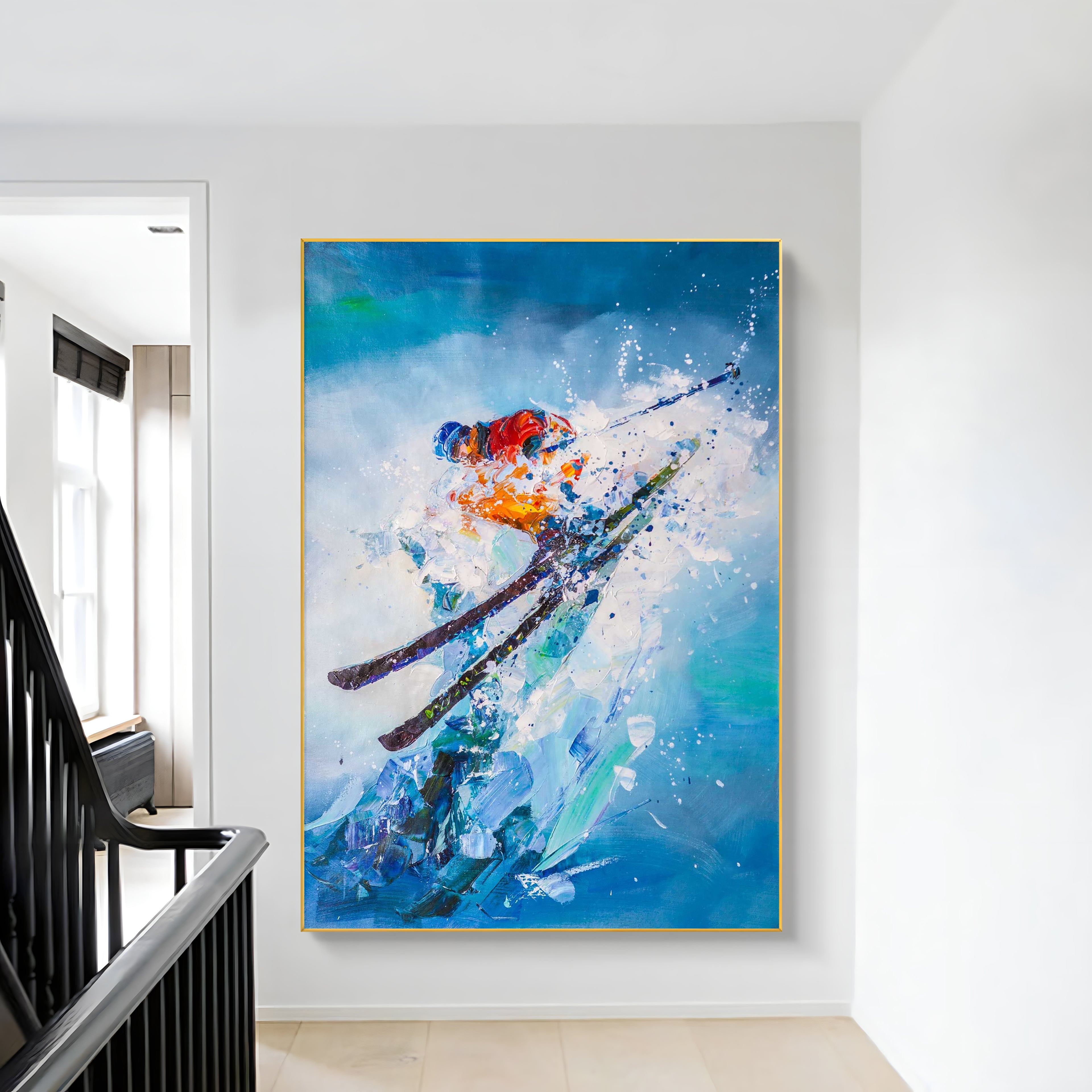 a painting of a skier is hanging on the wall