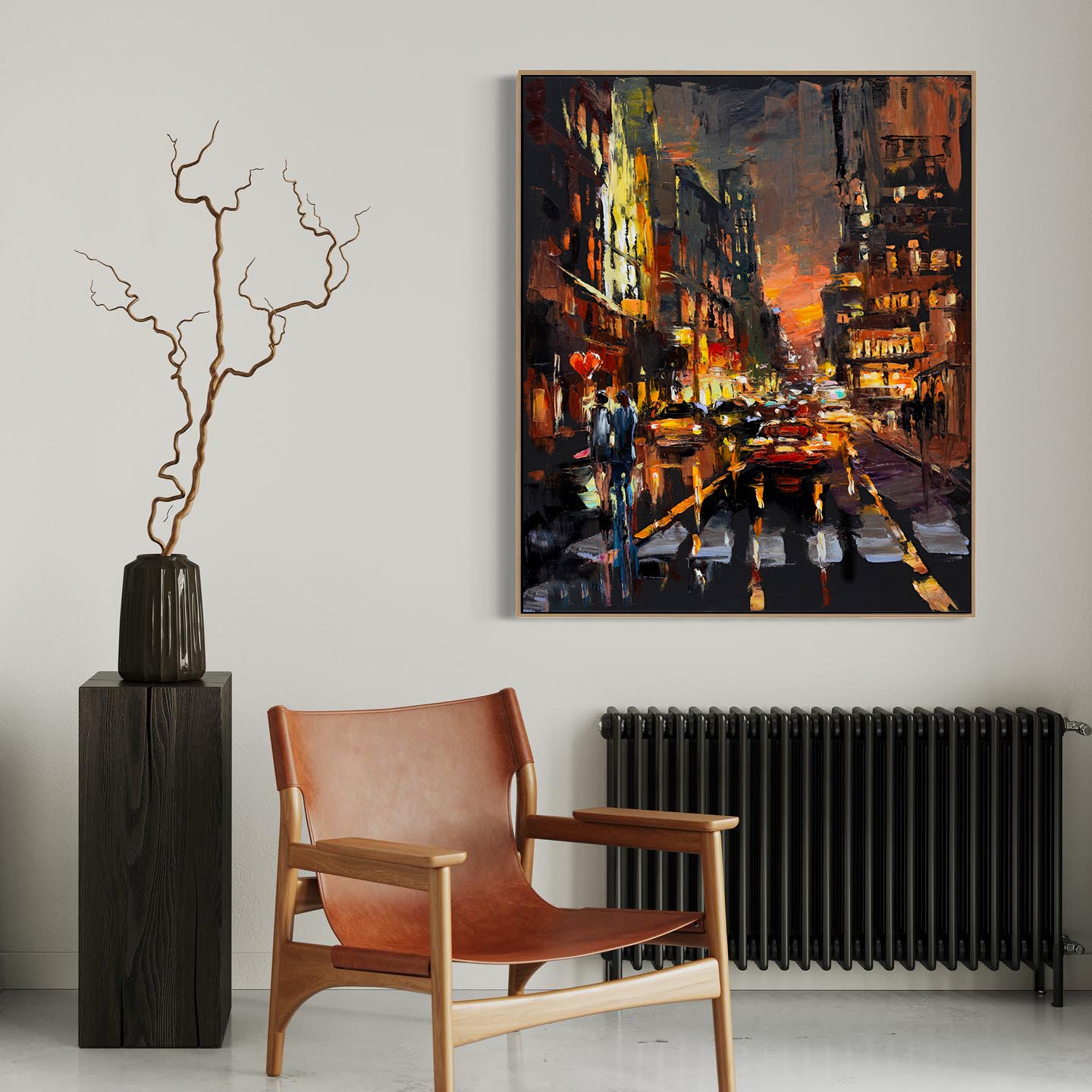 a painting of a city street at night