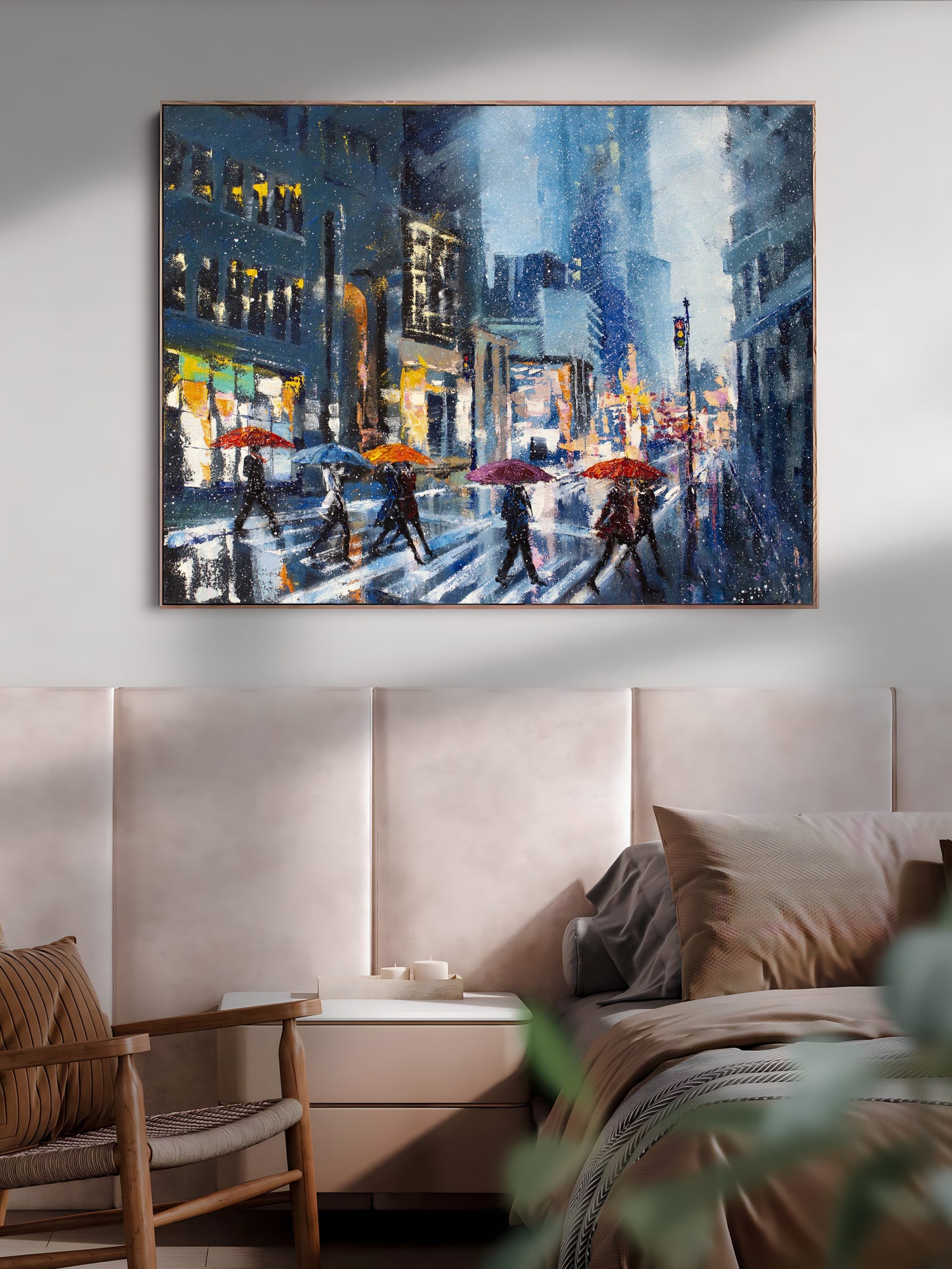 a painting of a city street at night