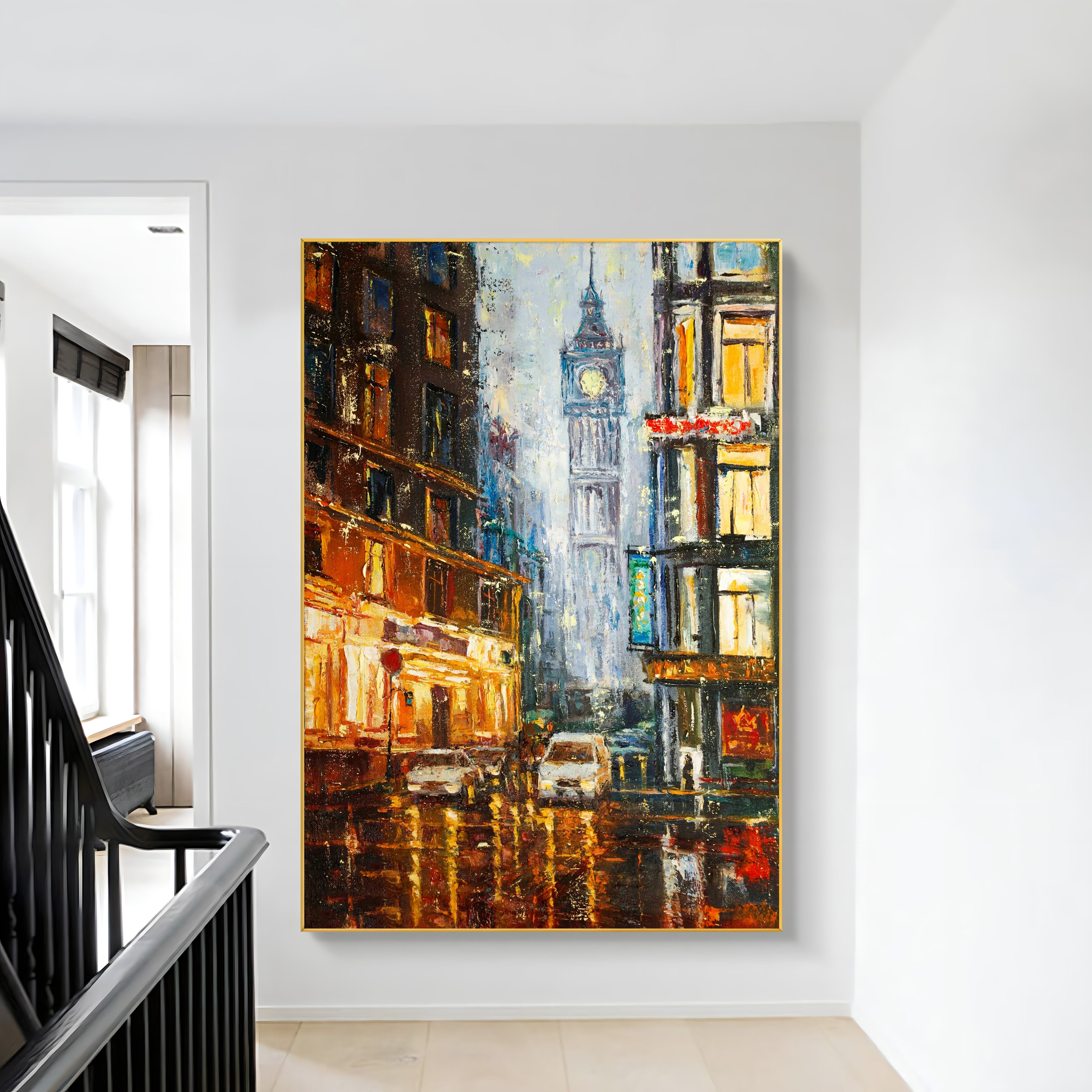 a painting hanging on a wall next to a stair case