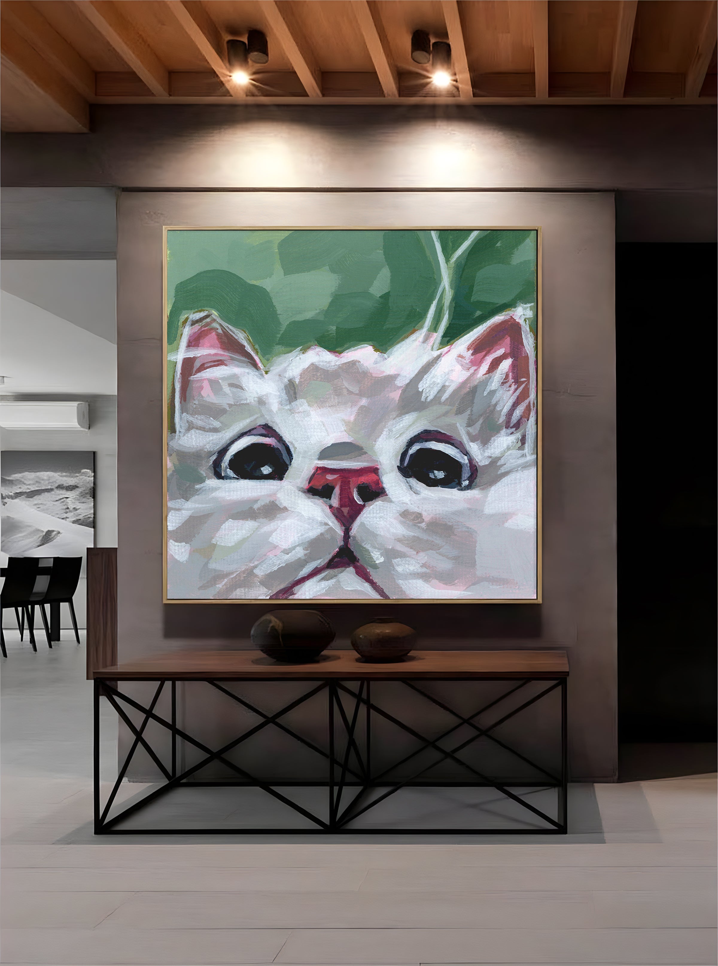 a painting of a white cat on a wall