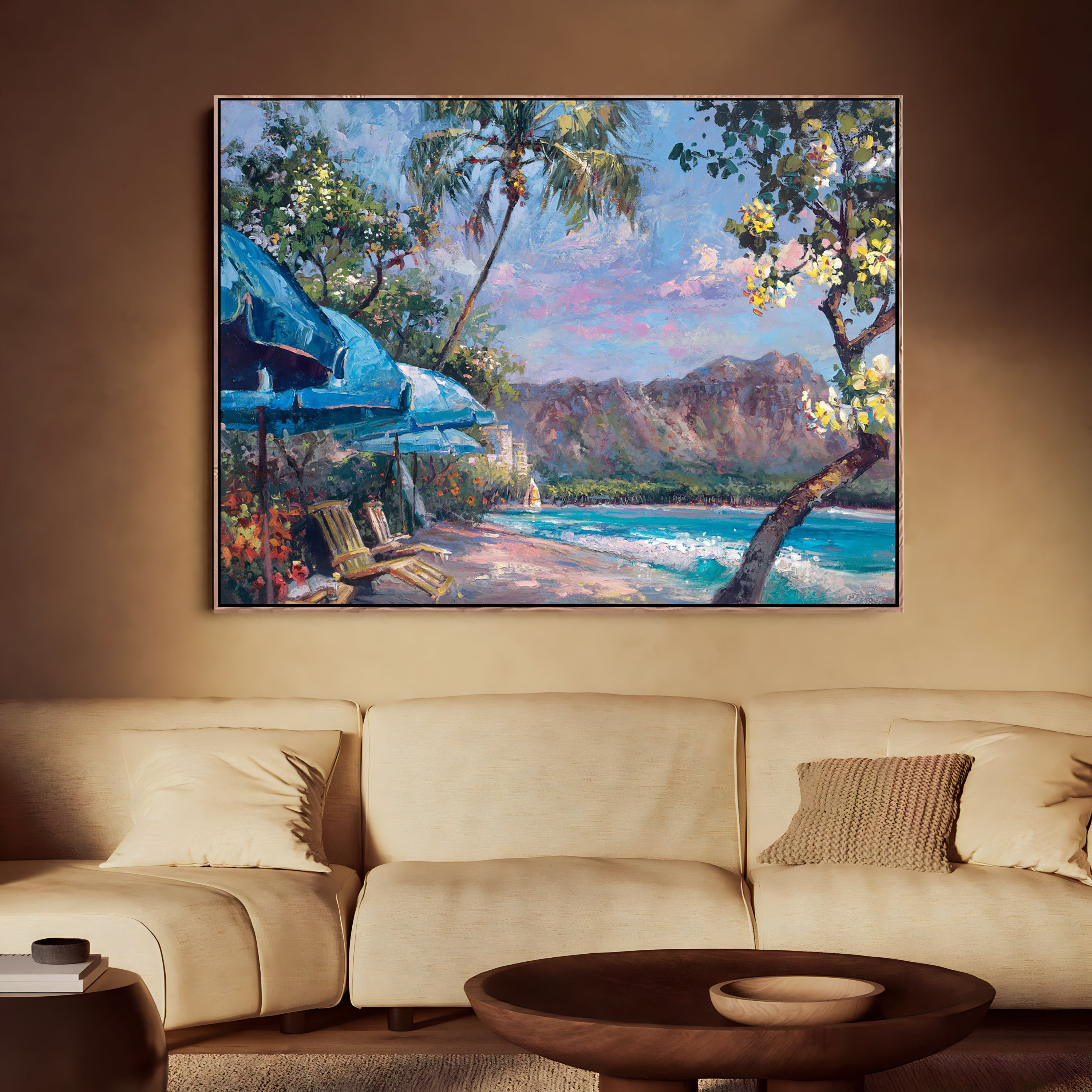 a living room with a couch and a painting on the wall