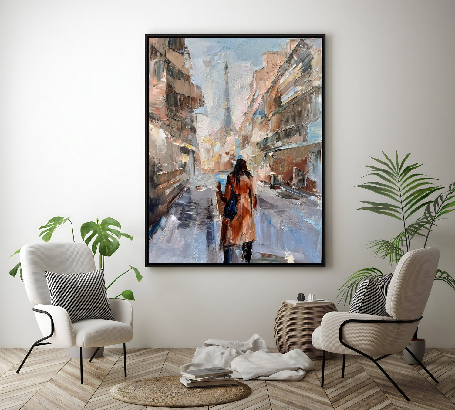 a painting of two people walking down a street