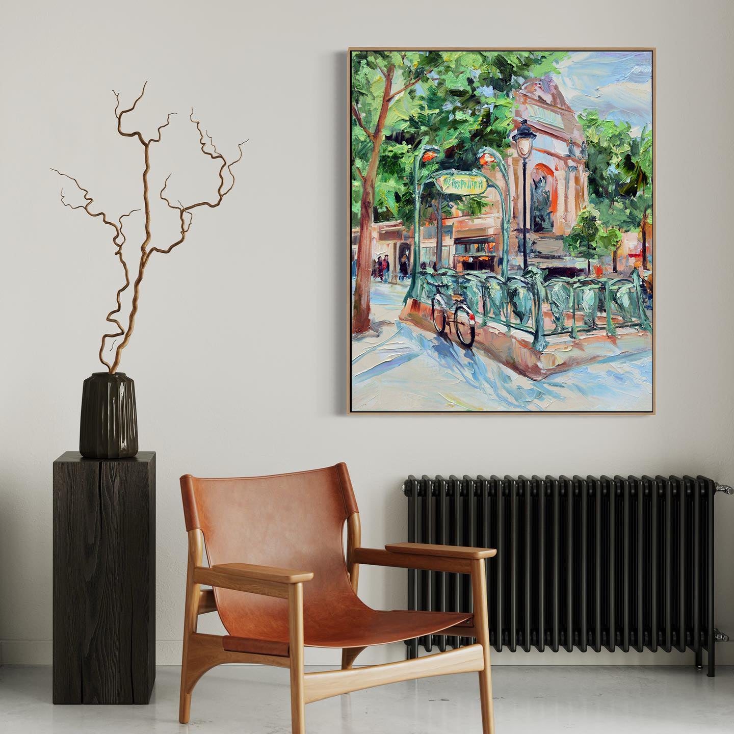 a painting of a street scene with a chair and a radiator