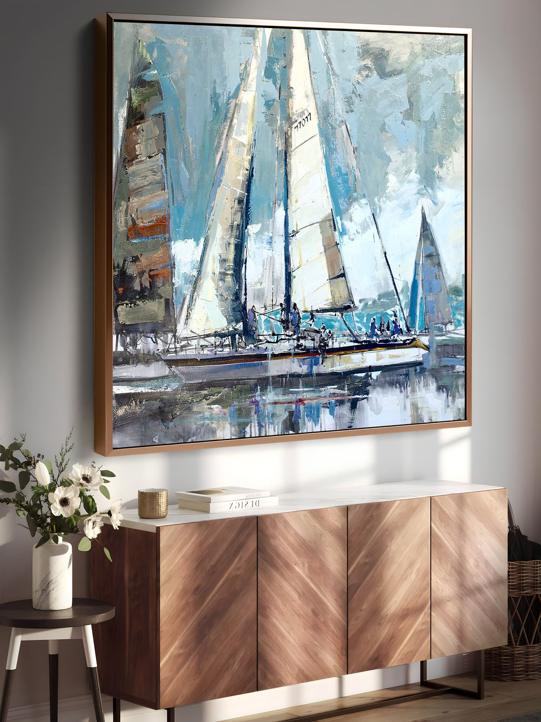 a painting of a sailboat on a wall