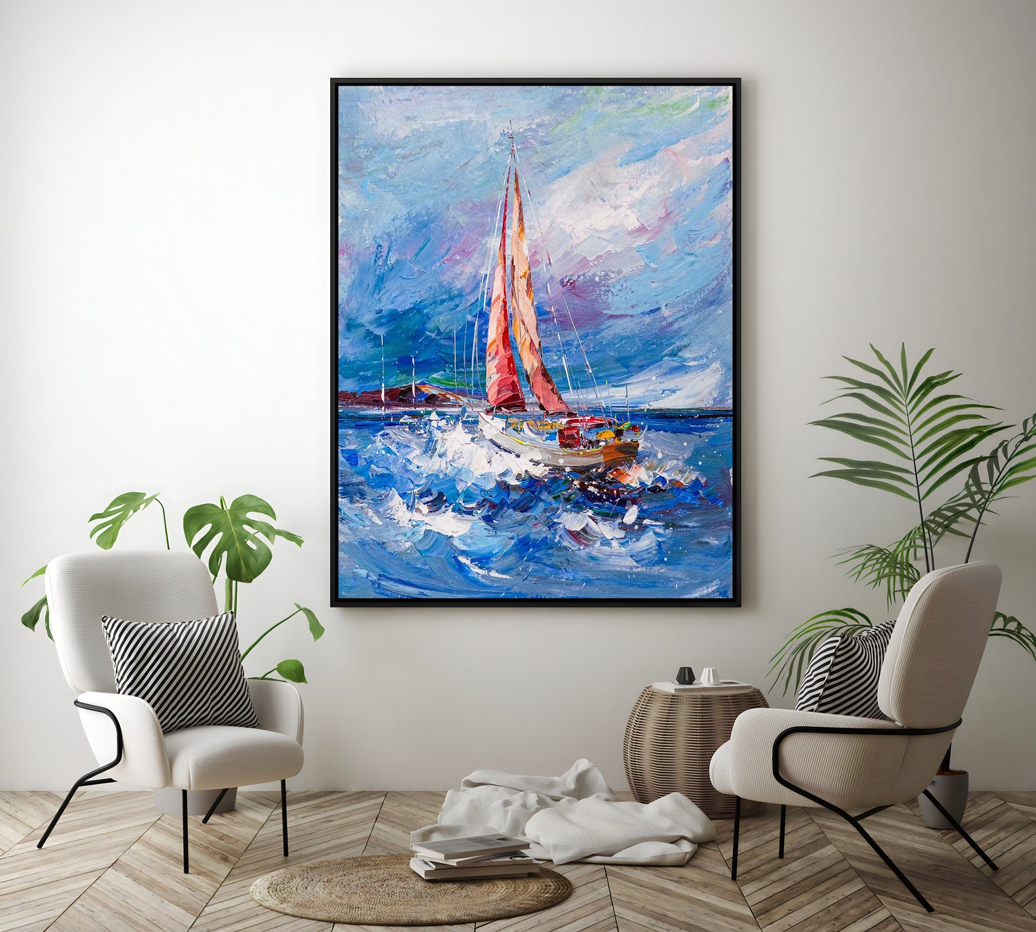 a painting of a sailboat in the ocean