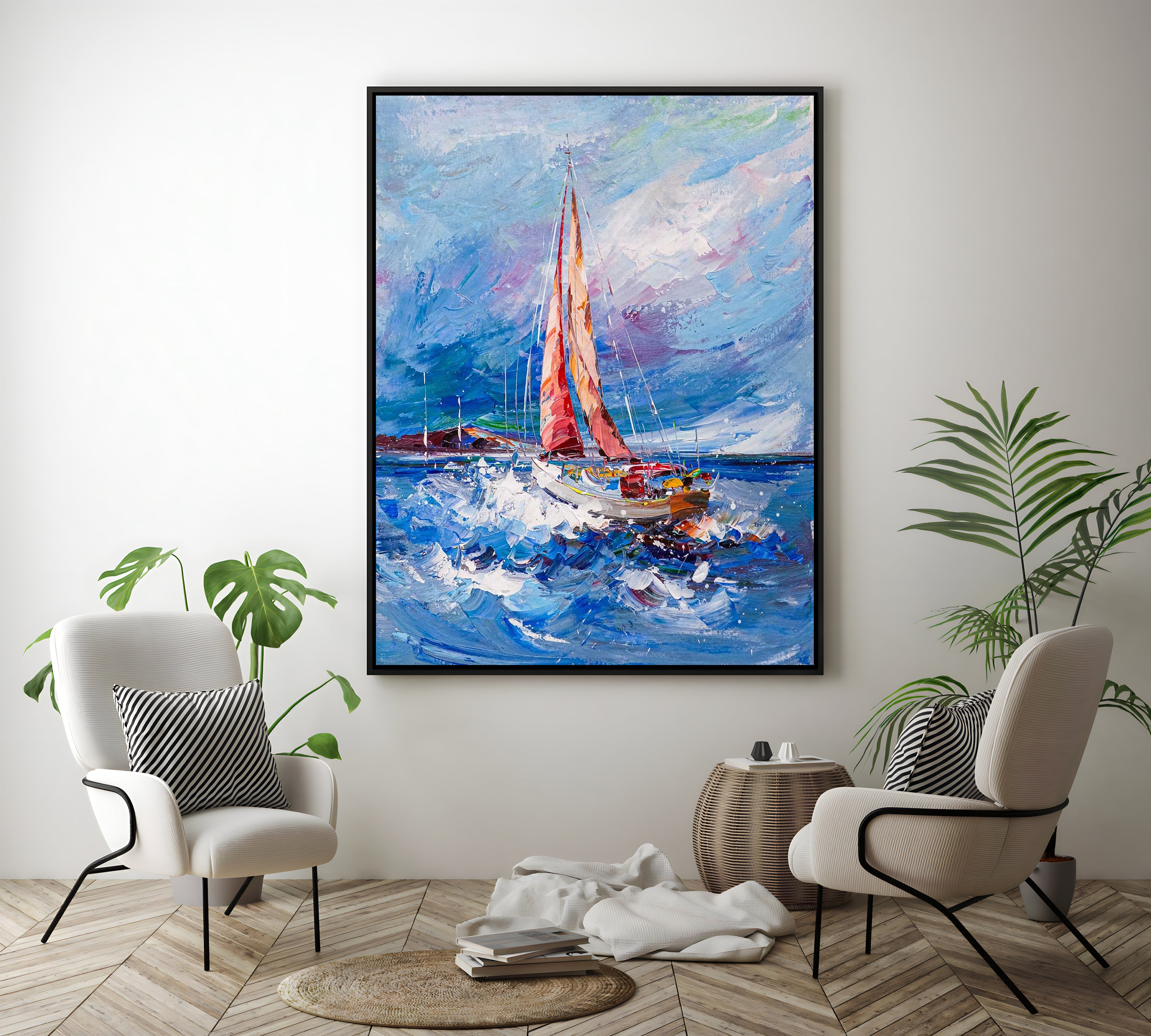 a painting of a sailboat in the ocean