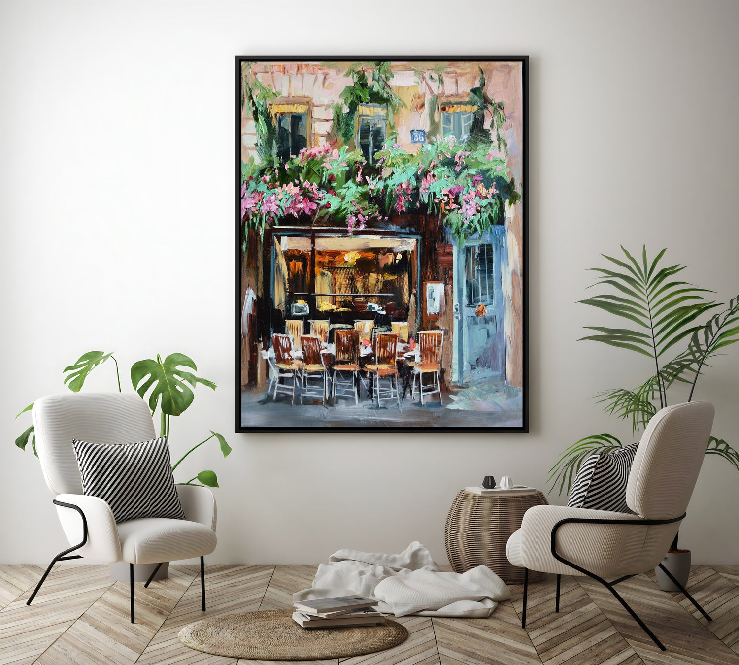 a painting of a restaurant with chairs and a table