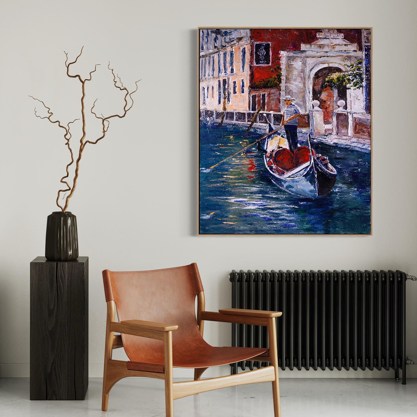 a painting of a gondola on a wall next to a chair