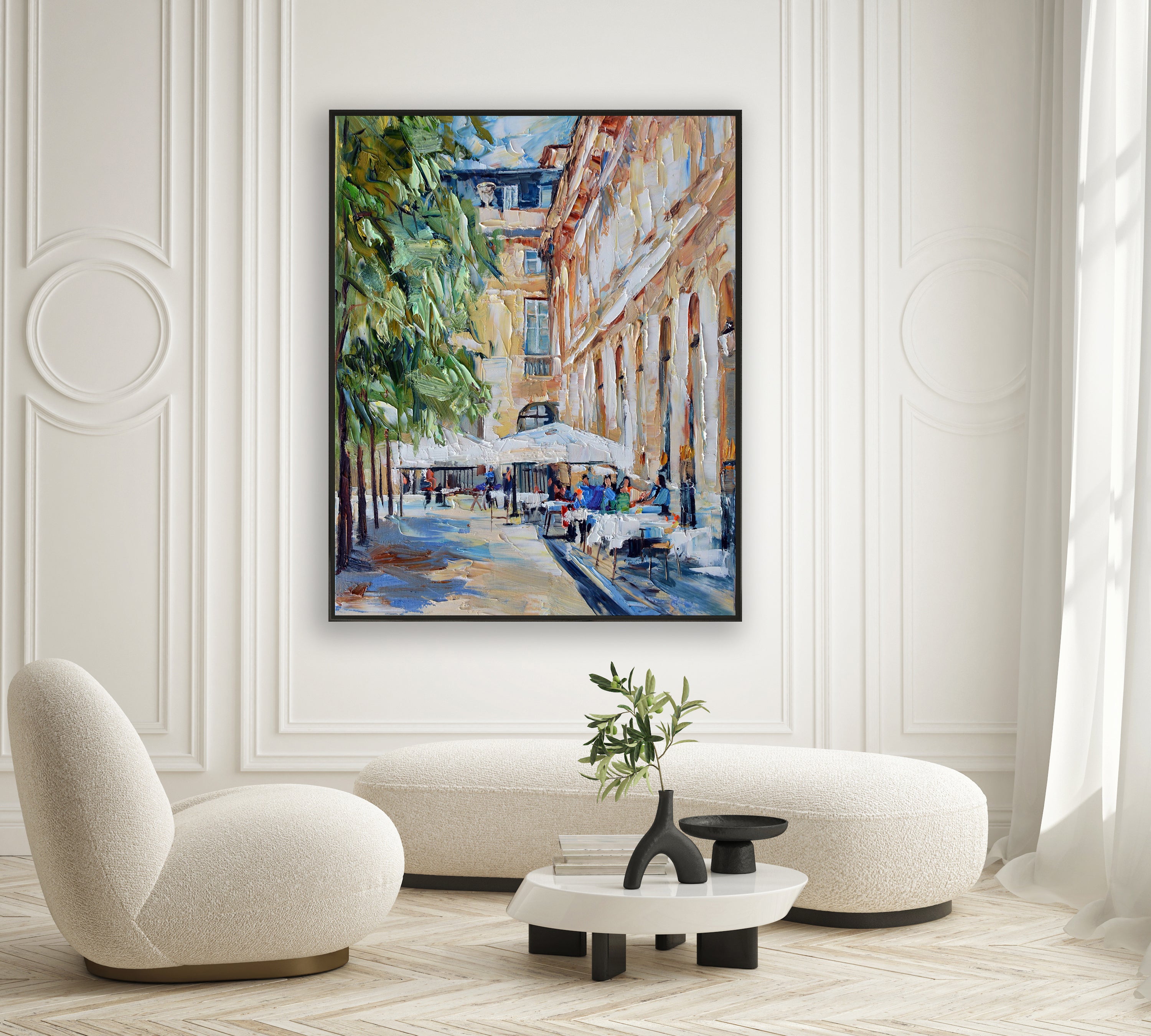 a painting of a city street in a living room