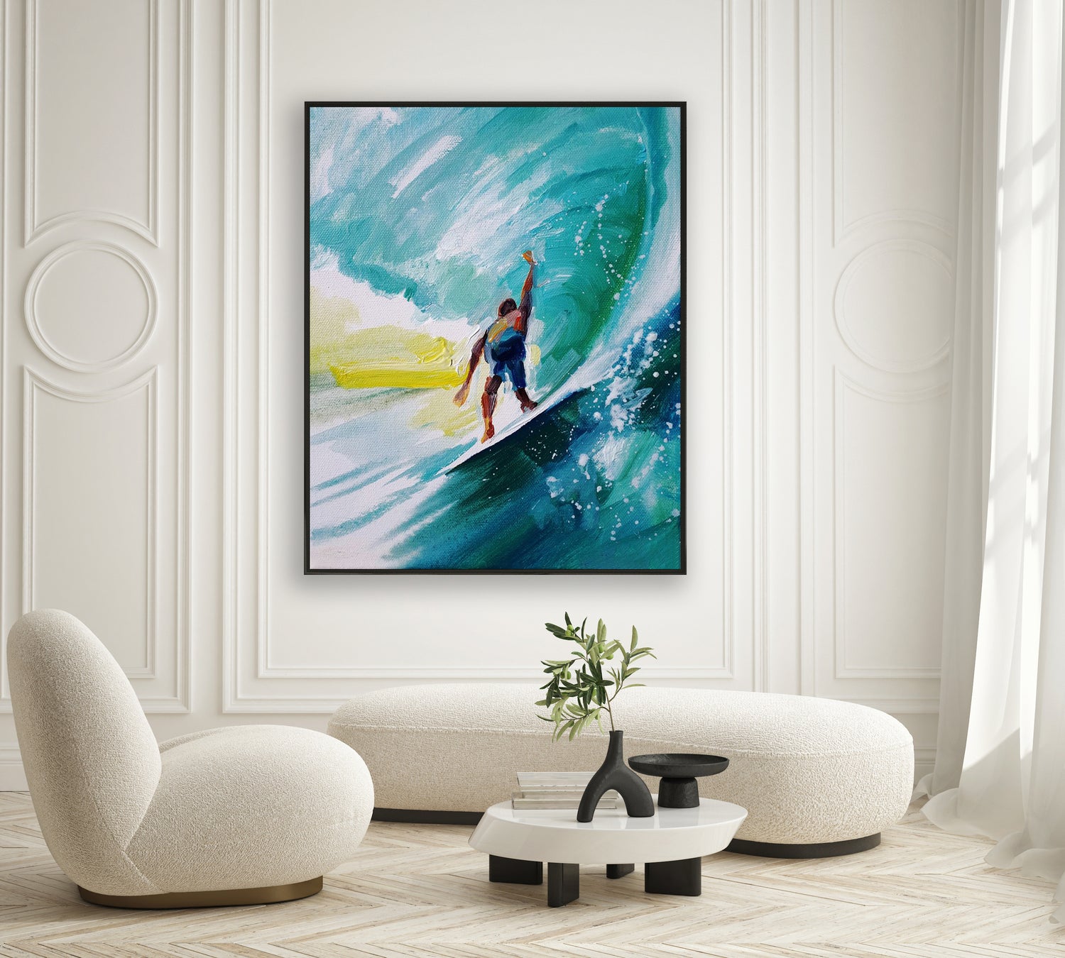 a painting of a surfer riding a wave