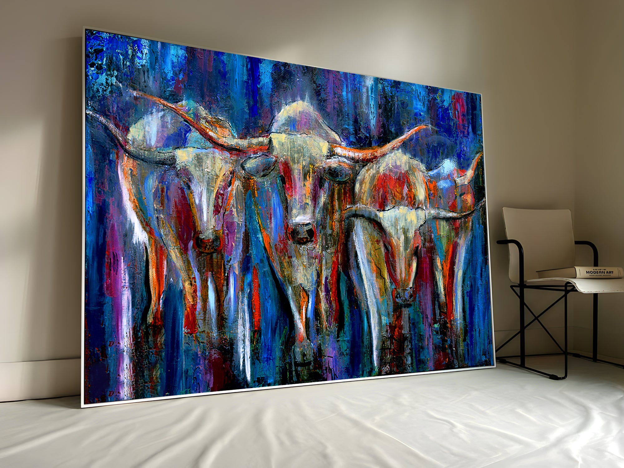 a painting of two cows on a blue background