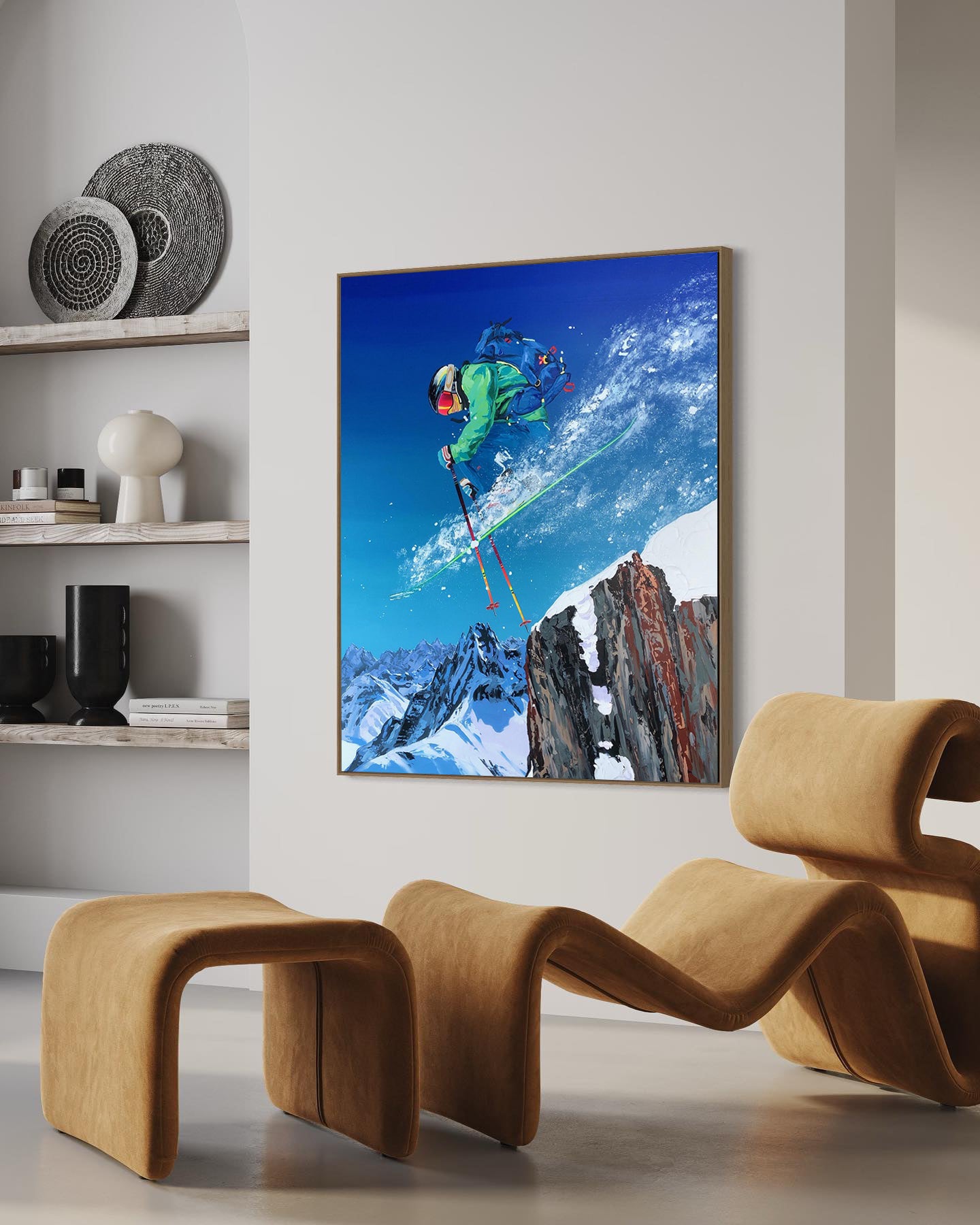 a painting of a person skiing on a mountain