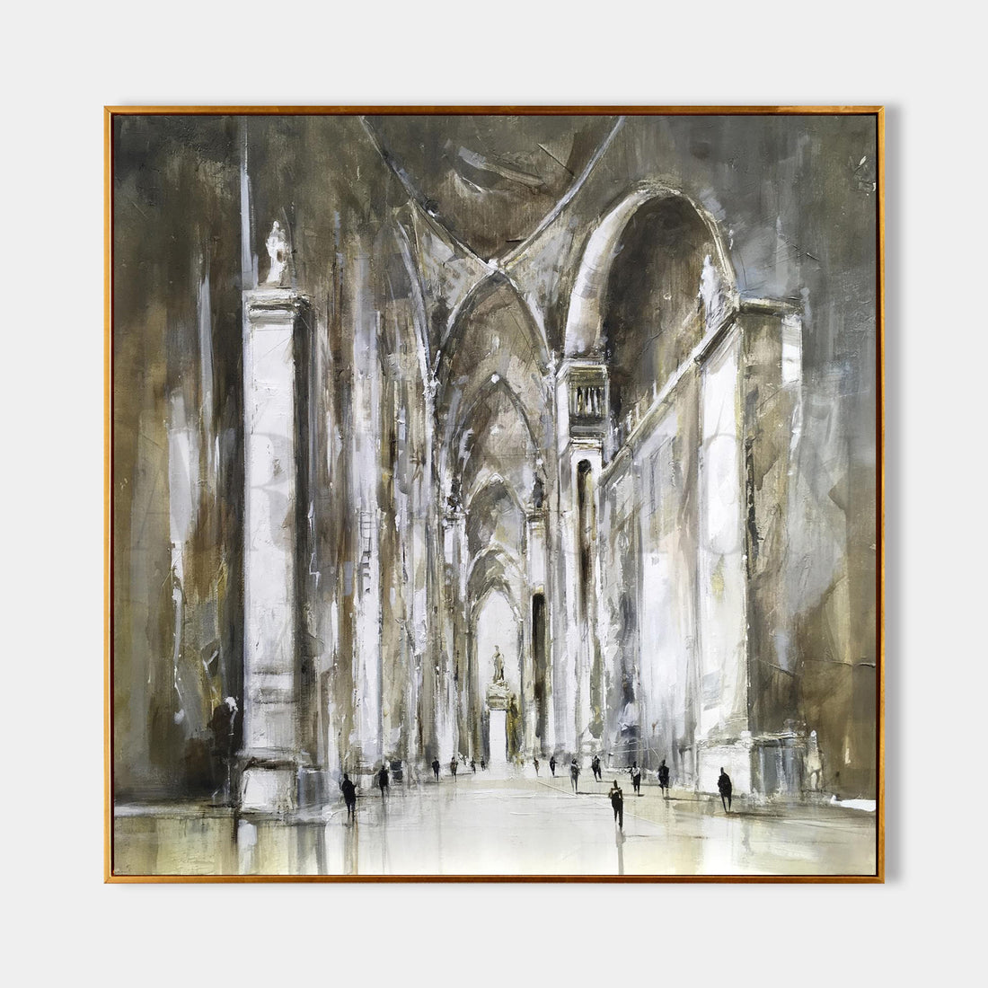 a painting of a cathedral with people walking around