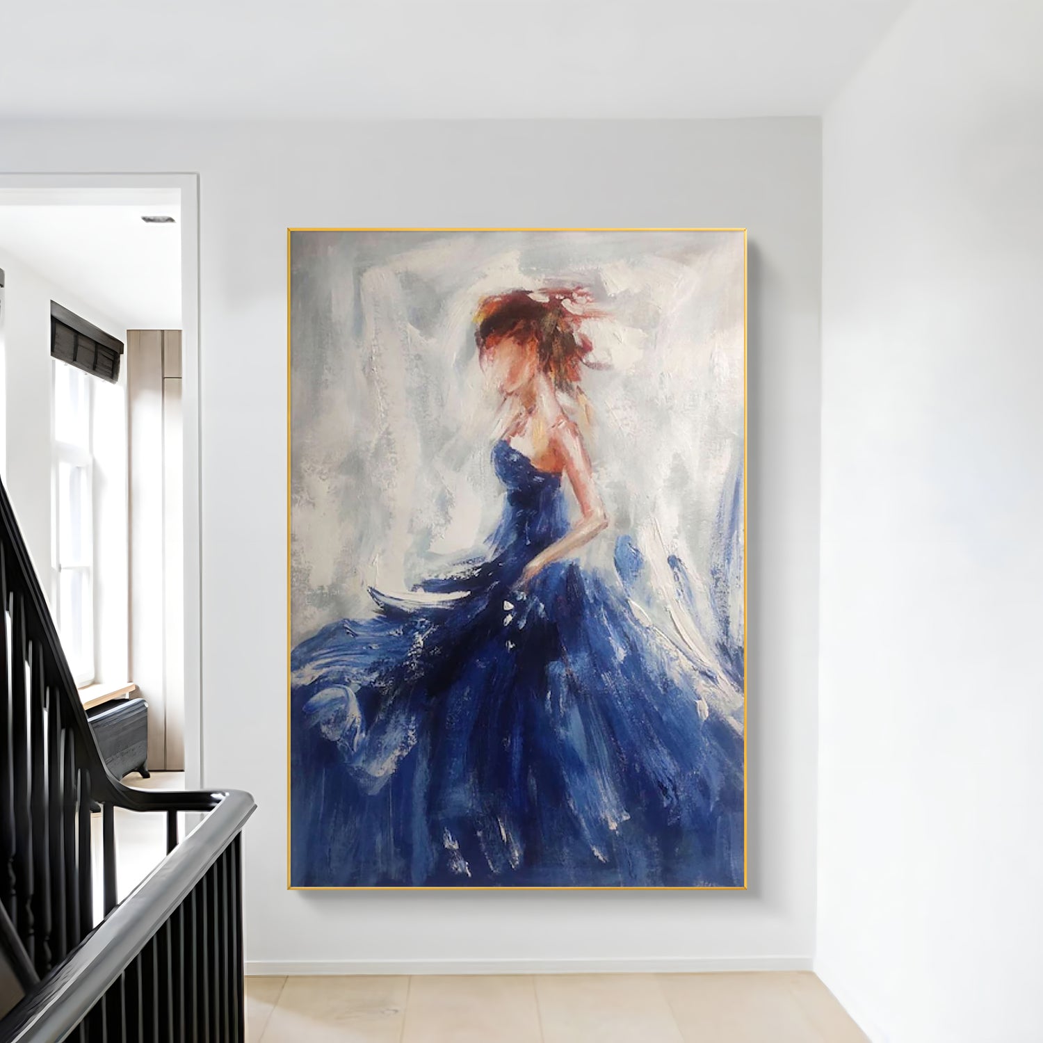 a painting of a woman in a blue dress