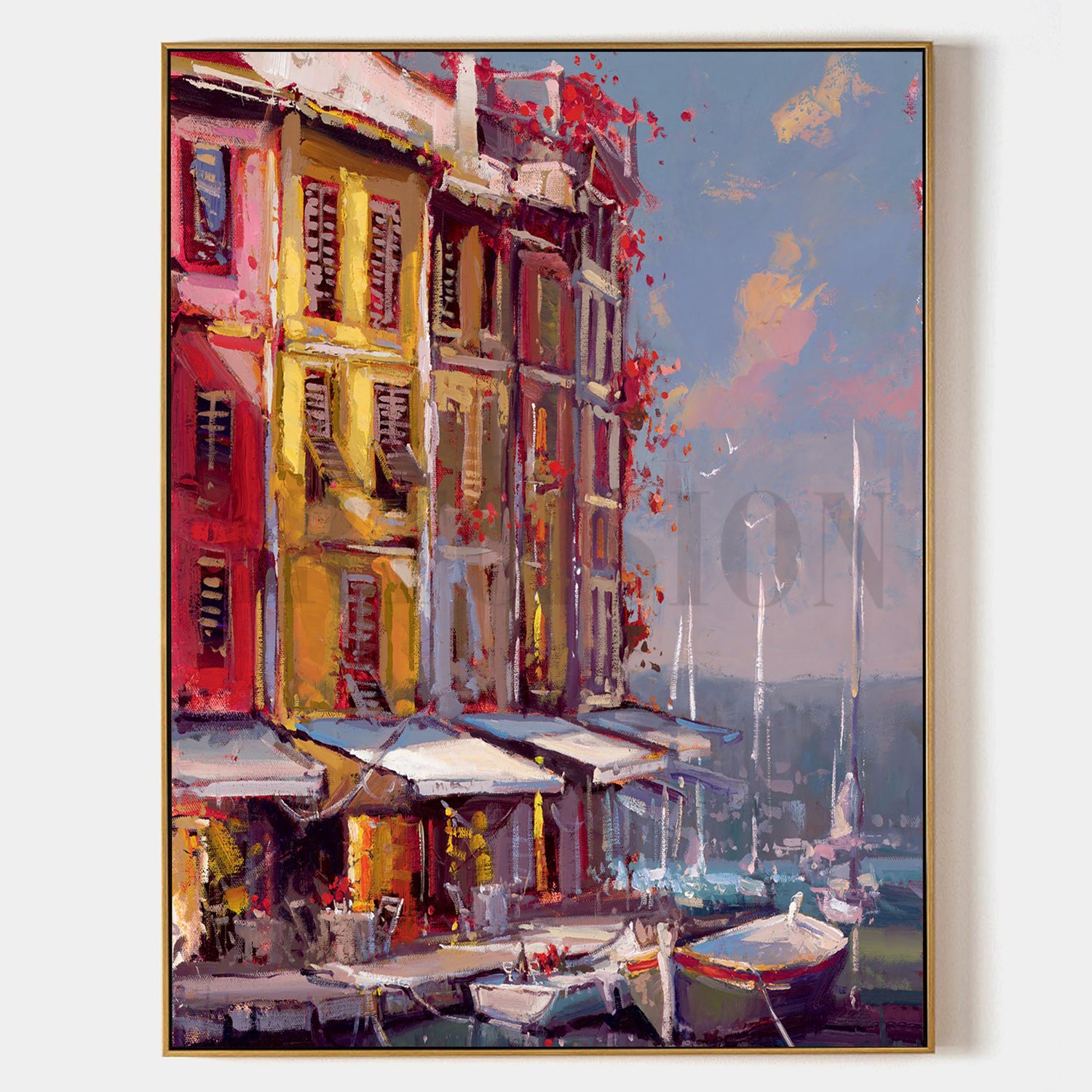 a painting of boats docked in a harbor