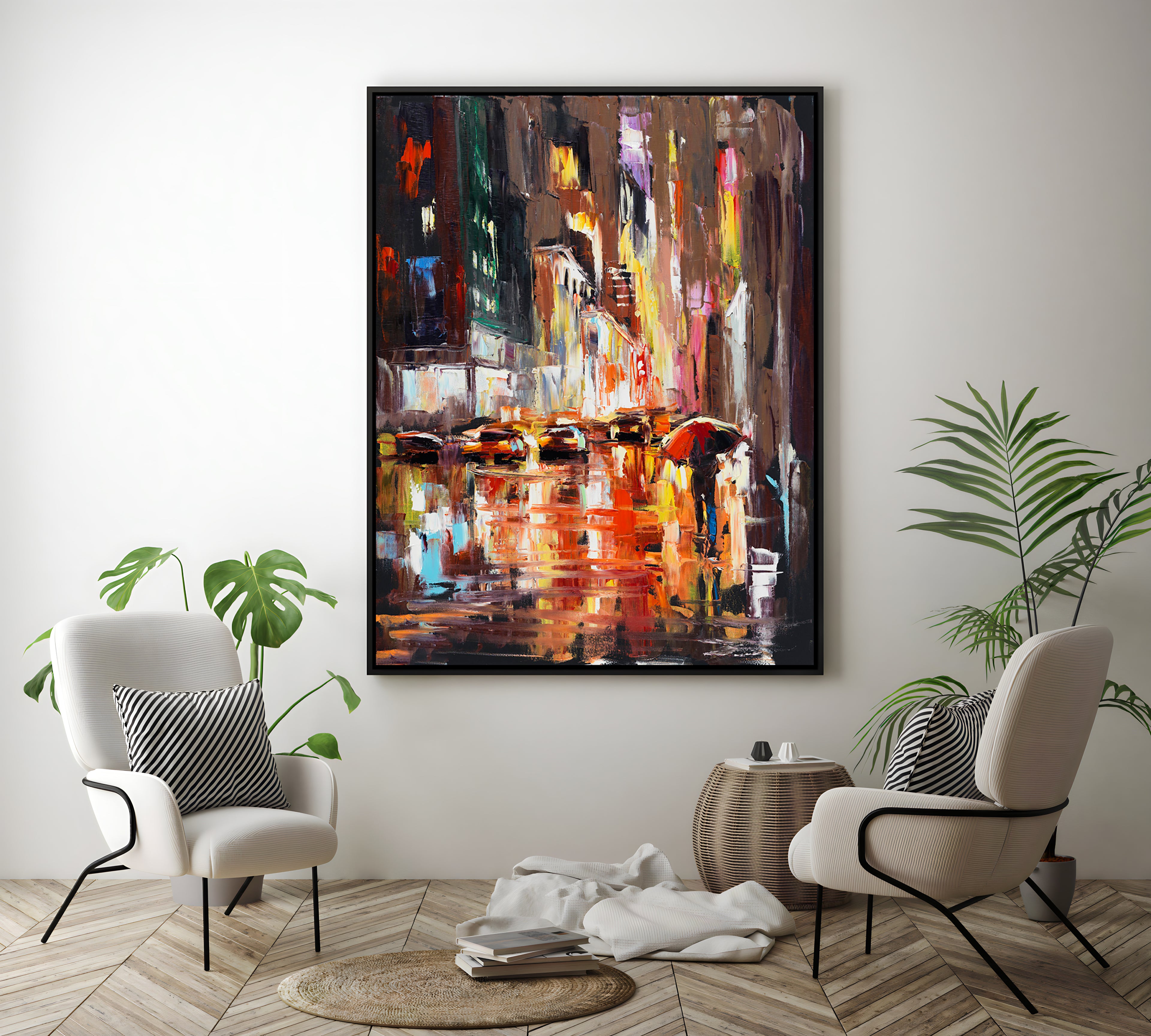 a painting of a city street at night