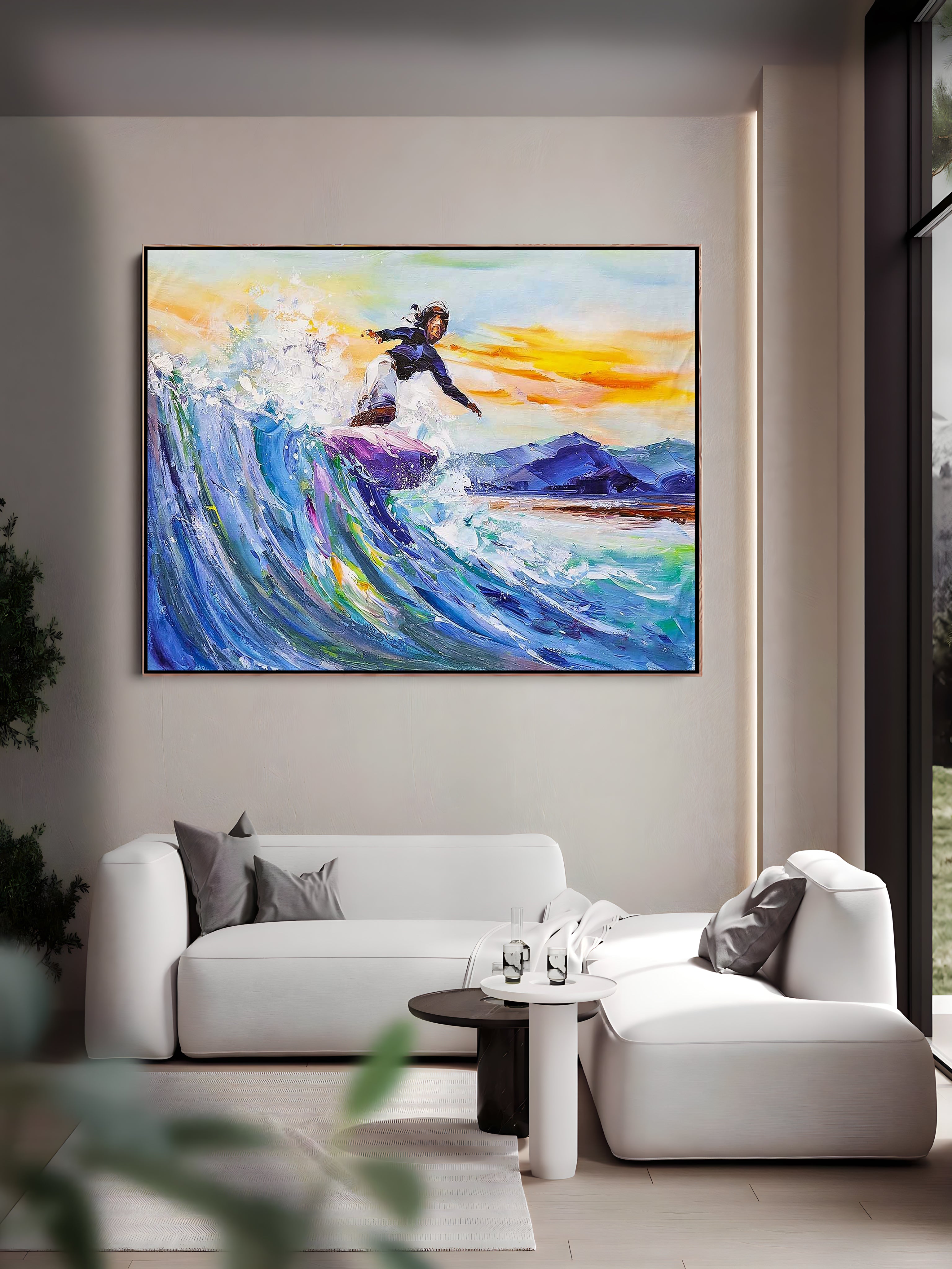 a painting of a person surfing on a wave