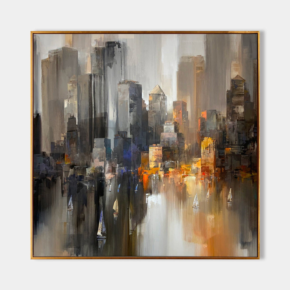 a painting of a cityscape with people and buildings